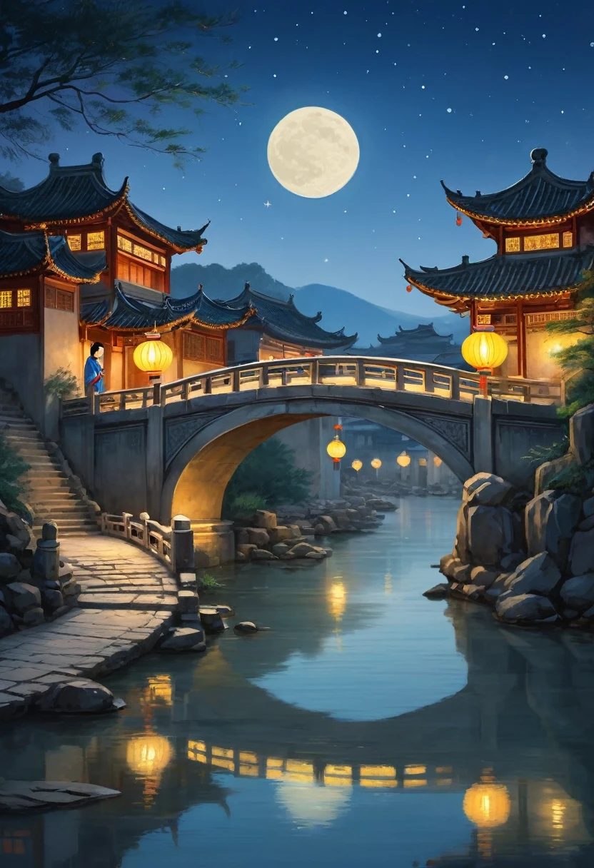(Watercolor Landscape:1.4), A quiet, moonlit night in an ancient Chinese town. A solitary figure stands unnoticed on a stone bridge, blending into the serene surroundings. The scene captures the tranquility of the moment with the delicate glow of a single star shining brightly in the sky, resembling a crescent moon. Traditional Chinese architecture lines the narrow streets, with lanterns softly illuminating the area. The figure is dressed in traditional Hanfu attire, adding to the timeless feel of the scene. The bridge is adorned with intricate stone carvings, and the calm water below reflects the star and the dim light from the lanterns. The overall atmosphere is one of peace and contemplation, best quality, masterpiece, very aesthetic, perfect composition, intricate details, ultra-detailed