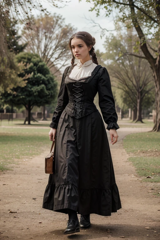A beautiful vulgar girl in Victorian clothes walks in a deserted park