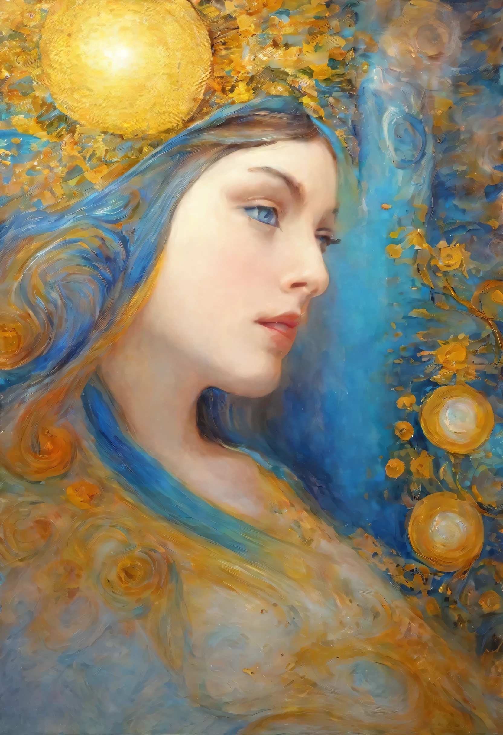 oil painting, deusa venus, 30 anos, of indescribable beauty, maravilhosa, detalhada, perfeita, olhos bonitos, soft expression, transmits force, roupas azul, branco e dourado, obra prima, style monet, van gogh, michelangelo leonardo da vinci, vivid colors