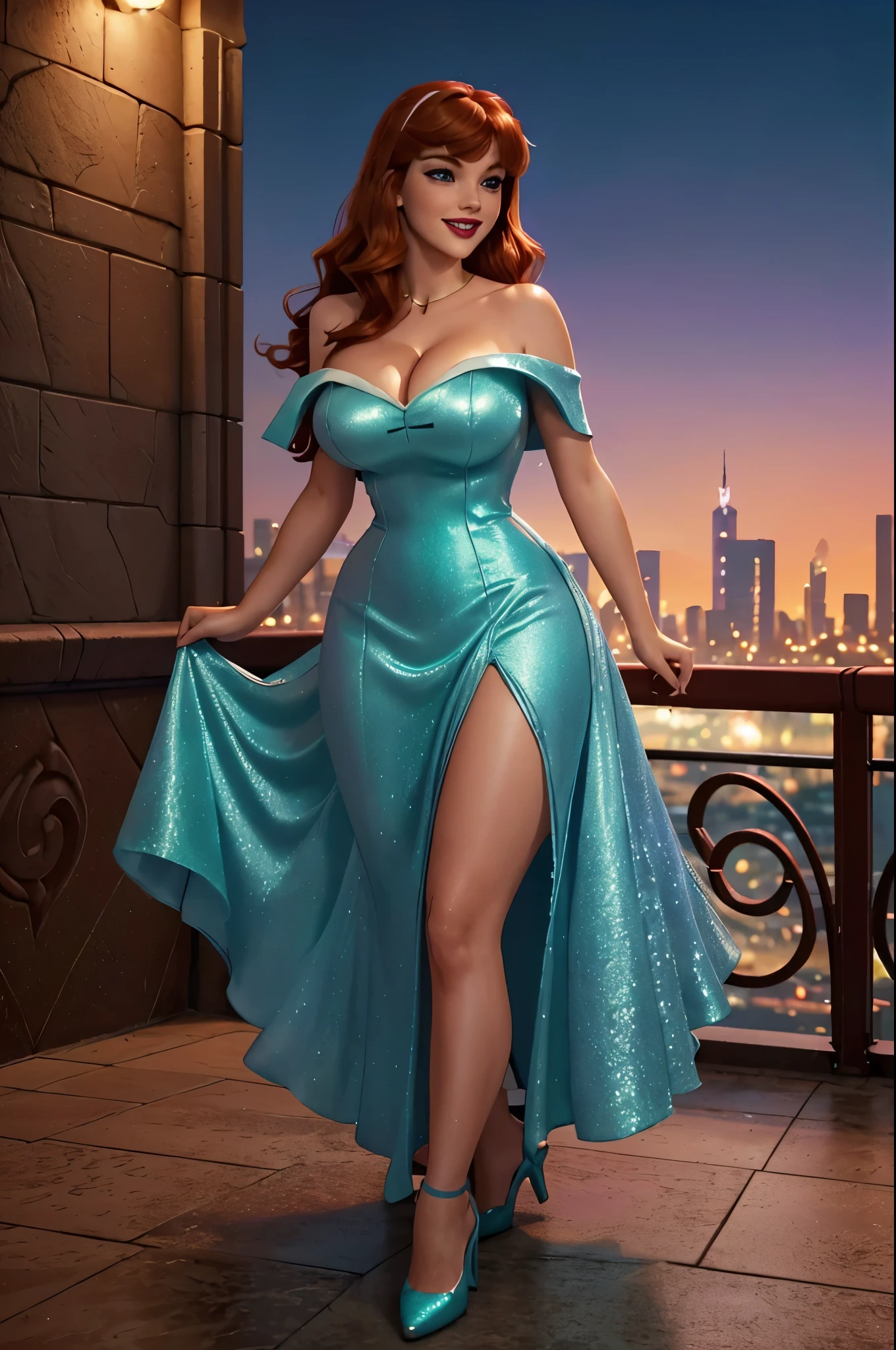 DisneyAurora 27 years old, ((( Taylor Swift:Emma Stone:0.7))) Beautiful woman (((shoulder length wavy auburn hair))) (bangs:1.2) (sparkling seafoam dress, long skirt, matching heels) iridescent clothing (purple eyes) defined body, Red lipstick, smiling, hands free, standing, high tech cyberpunk city rooftop, night, (huge_breasts:1.6) (curvy:1.2)