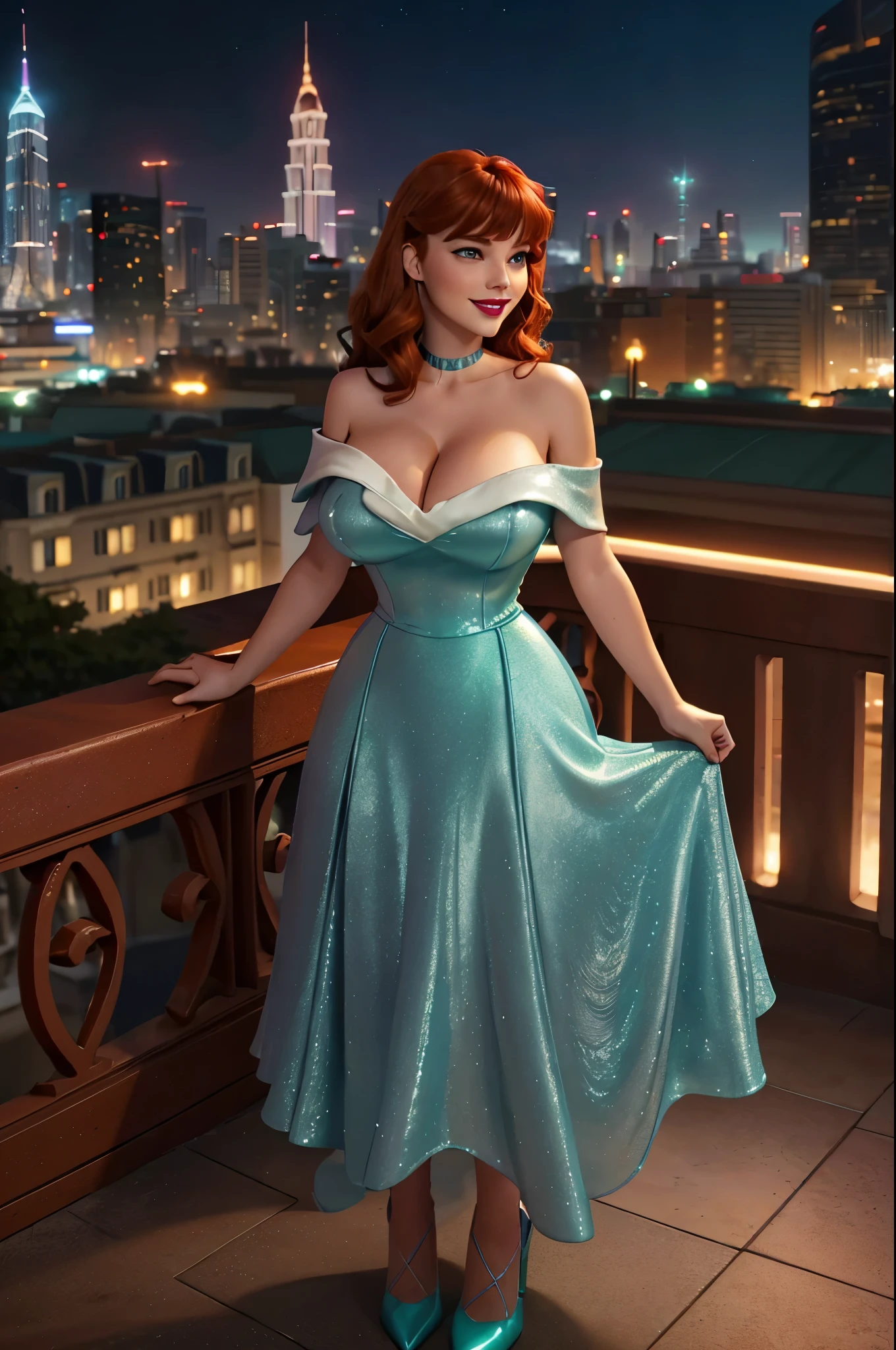 DisneyAurora 27 years old, ((( Taylor Swift:Emma Stone:0.7))) Beautiful woman (((shoulder length wavy auburn hair))) (bangs:1.2) (sparkling seafoam dress, long skirt, matching heels) iridescent clothing (purple eyes) defined body, Red lipstick, smiling, hands free, standing, high tech cyberpunk city rooftop, night, (huge_breasts:1.6) (curvy:1.2)