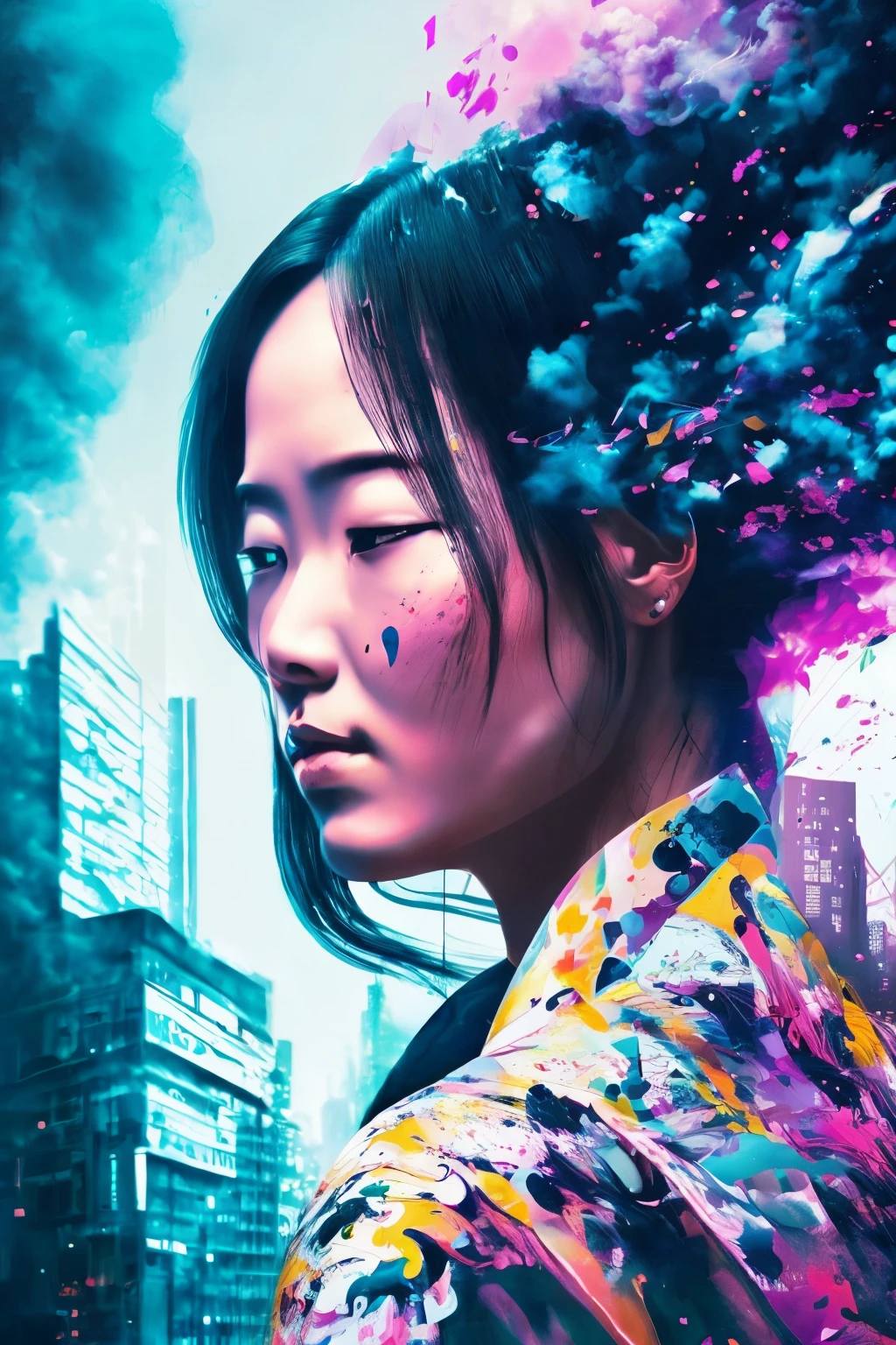 Acrylic splash painting, presented in resplendent Full HD 8k, showcases a poignant close-up image of a beautiful Japanese woman, her kimono adorned with intricate patterns, her face a canvas of melancholy. She gazes out into the void, her side profile adding a touch of sorrowful beauty to the scene.

The backdrop depicts an abstracted Tokyo, a city in chaos, where neon lights flicker and smoke curls, casting long shadows over the urban landscape. The cityscape is bathed in a dark ambient glow, a smokie haze that adds an air of mystery and intrigue.

Dominating the scene is