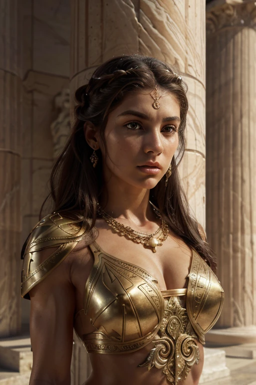 muscular woman, greek goddess, detailed face and body, sharp facial features, flowing hair, stoic expression, athletic physique, dramatic lighting, dramatic pose, intricate clothing, ornate jewelry, ancient greek architecture, classical greek column, marble statue, photorealistic, 8k, highly detailed, masterpiece, digital art