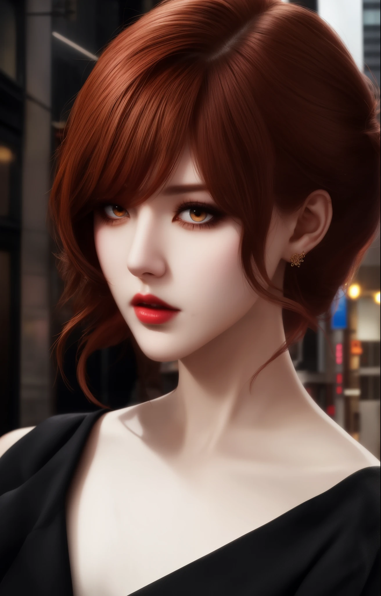 beautiful girl, half body portrait, short bright red disheveled hair, black eyeshadow, (street style wear:1.2), (city background:1.2), dark makeup, digital art, trending on artstation, highly detailed, fine detail, intricate,  beautiful detailed glow, detailed, Cinematic light, highres, detailed facial features,sharp focus, smooth, aesthetic,