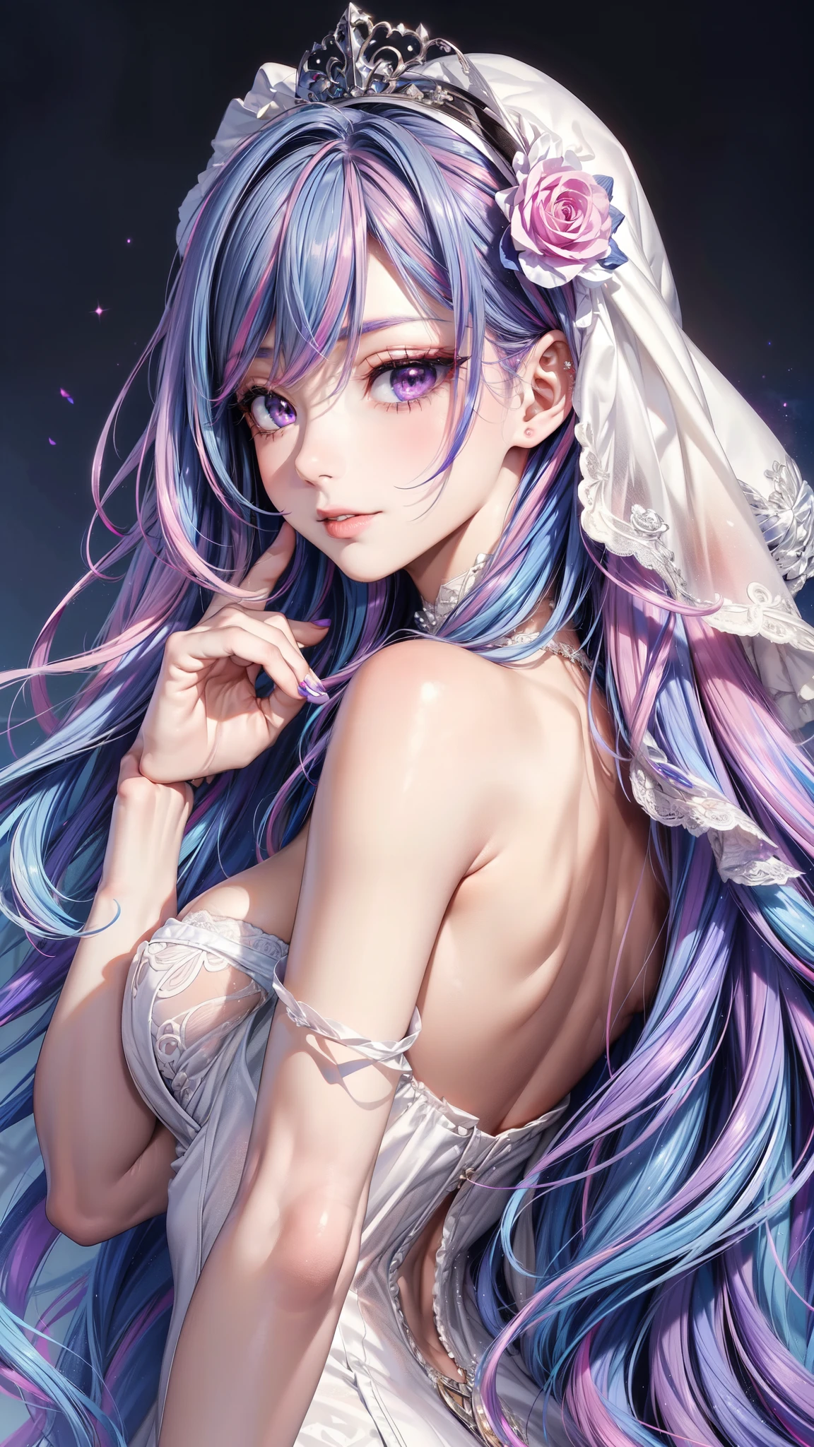 (masterpiece, best quality, beautiful and aesthetic:1.3), Looking Back, side view, 1 Girl, happy,  smirk,  (Dark blue hair with pink and purple streaks:1.4), (Gradient sky blue hair:1.6), Hair, Absurdly long hair, One-side lock, curls, shiny hair, Flowing hair, (Deep purple eyes), Delicateeyes, Aqua eyes, Ultra-high detail eyes, long upper eyelashes, make up, focus on face, The facial details are very rich, Pretty Face, Perfect breasts, Hot body, (The skin texture is delicate:1.2), wedding veil, Lace-trimmed dress, transparent, Wedding dress, outdoor, White Rose, garden, morning, permanent, Extremely detailed, 