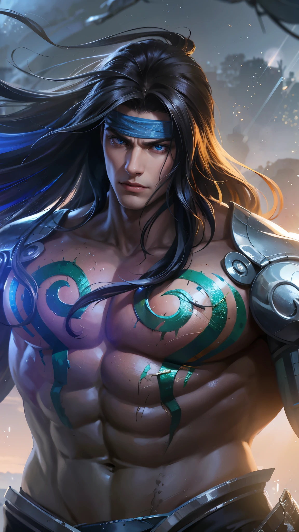 a male with blue headband fabric, Best quality, masterpiece, detailed skin texture, detailed clothes texture, detailed face, super detailed, 8k, intricate detail, The color doesn't change, Muscle guy, 1 male, angry, sharp eyes, blue eyes, rain background.