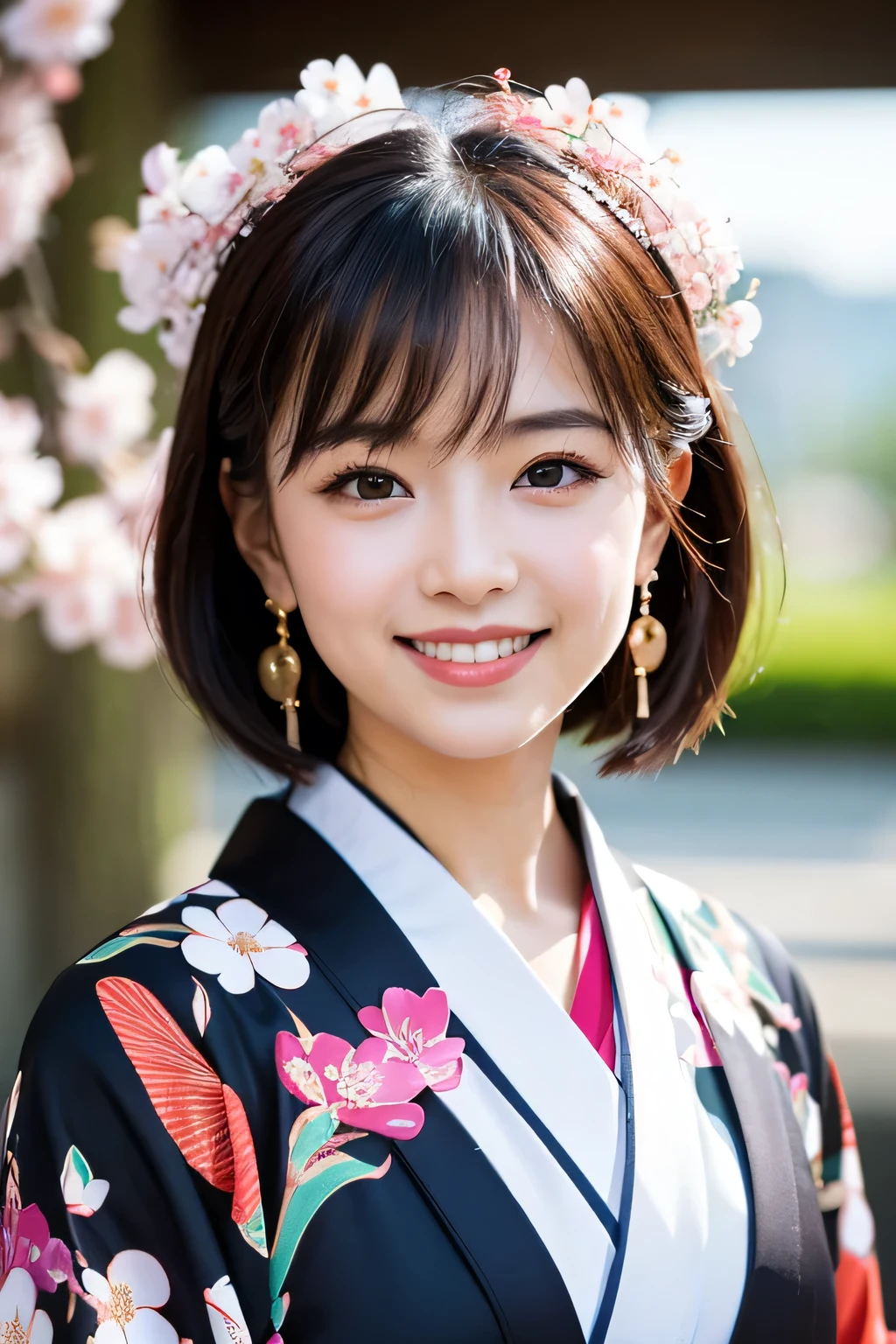 Japanese ID ,((cute ,Baby Face:1.2)),(8k, RAW Photos, Very detailed, highest quality:1.2), (Realistic, Photorealistic:1.4), (Very detailed, Ultra-high resolution ,beautiful, Tabletop:1.2), , Cherry blossoms are blooming in the background、Very detailedな顔と目,Shiny skin,(Upper Body:1.Professional Lighting,Soft Light, Sharp focus, Written boundary depth,Medium Hair,Earrings, (Gorgeous floral patterned kimono costume :1.3),(smile:1.3),Bokeh,(Dynamic Angle:1.5),(Cherry blossoms are blooming in the background)