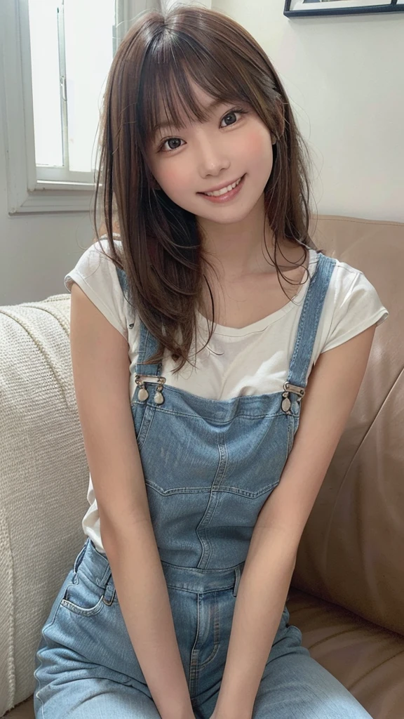 +masterpiece, highest quality, Very detailed, Female student, Beautiful Face, Rich details, (Long brown hair), Perfect Face, Overalls, Sitting, close, sofa,((Smile with a big laugh)),Pose for the camera