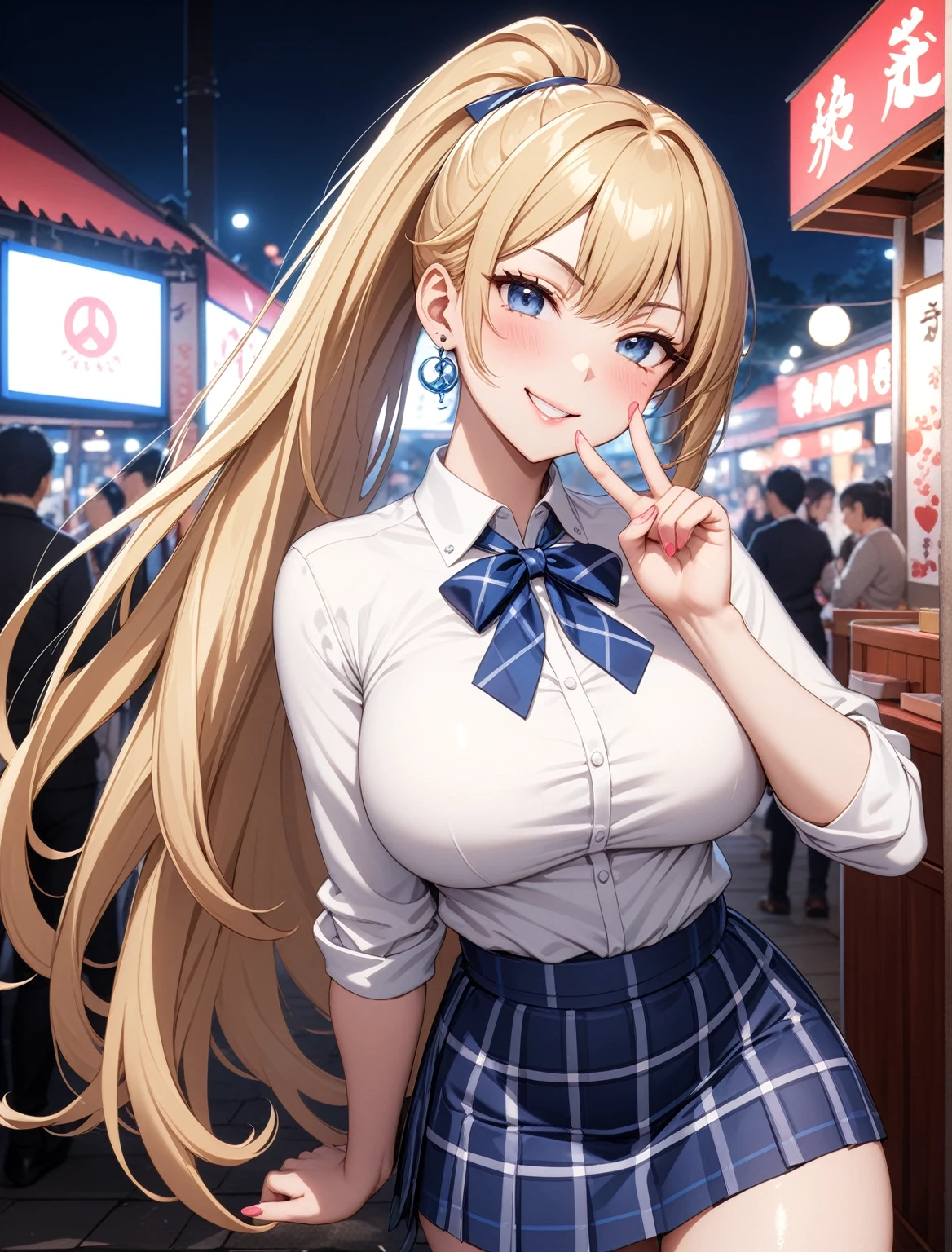 ((One girl)), Beautiful smile,(Wink:2.0),Blushing,Close your mouth,Glossy Lips,Abstract, night,Japan festival stalls, masterpiece, highest quality, so beautiful, Absurd, up to date, Complex details, Pink long nails,AI-generated, Complex,High resolution, highest quality, super high quality,3D Images、View the viewers、3D Images,one person,Long Blonde Hair,High Ponytail,blue eyes,Anime girl posing for photo, [[Fine grain、Colorful eyes、Shining Eyes:1.15]],(Squint your eyes:1.1),a hyperRealistic , hyperRealistic , Realistic , blonde anime girl with long hair, Smooth anime CG art, Beautiful anime school girl,White long sleeve blouse,Blue checked skirt,Big blue chest ribbon, Earrings,(Large Breasts:1.3),Mature Body,tall,Fine details,Abdominal muscles,(Pose with a peace sign next to your eye),Tilt your face,Exposed bust