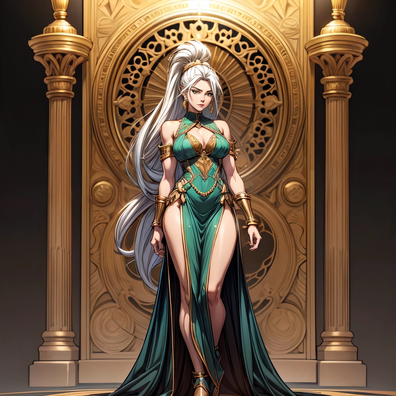 ((masterpiece,best quality,8k,highres)),((character concept art)), 1 female, young female, Empress, 185cm height, poker face, emotionless face, shapely breasts, hourglass body shape (muscular), ultra finely detailed eyes (green eyes colour), intricate details, long hair, ponytail tail,(white hair colour), pointed ears, super finely detailed hands, ultra finely detailed fingers(((ten finger))), sleeveless empress dress, black short skirt, gold earrings, gold bracelet, standing still, full body showcase, (show full body), (no logos on background), (no logo), ((plain background)), ((plain background)), (((empty background)))