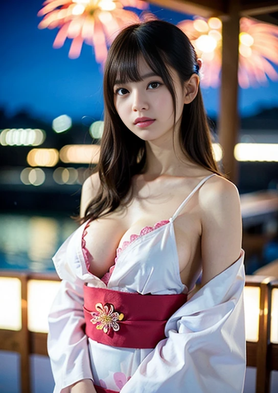 (masterpiece、High resolution、high quality)、Beautiful Japanese Girls:1.3,12-year-old elementary school student、Immature body、Beautiful body、Japanese Yukata、Soar、night、Laughter、Clear Eyes、Beautiful Skin、Yukata beauty、Hydrangea pattern yukata、 body、Her breasts are exposed from her yukata、とてもSmall breasts、Small breasts、Small cherry-colored areola、Erect nipples、Cool Summer、nightの夏祭り、Fireworks display、Professional photography、