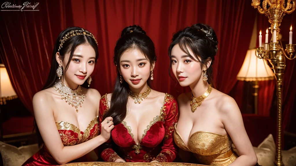 a stunning chinese woman, 23 years old, wearing a radiant red qipao dress with an exquisite high collar and intricate peony pattern, sits gracefully on a luxurious, velvet baroque bed with a rich blue and gold background, identical twin sister with an even more captivating hourglass figure sits and hugs her at the waist, creating a mesmerizing symmetry, their cute faces, innocent smile and exposed long legs surrounded by an aura of love and fertility, nearby table adorned with ornate candelabras and a delicate, antique vase hints at a wedding consummation of the twins' marriage to the emperor, scene framed by a stunning gold-framed chinese painting and opulent interior decorations, exuding luxury, elegance, and a hint of love making,(best quality,8k,highres,masterpiece:1.2),ultra-detailed,(realistic,photorealistic,photo-realistic:1.37),portraits,cinematic lighting,dramatic lighting,warm colors,ornate,intricate details,luxurious,elegant