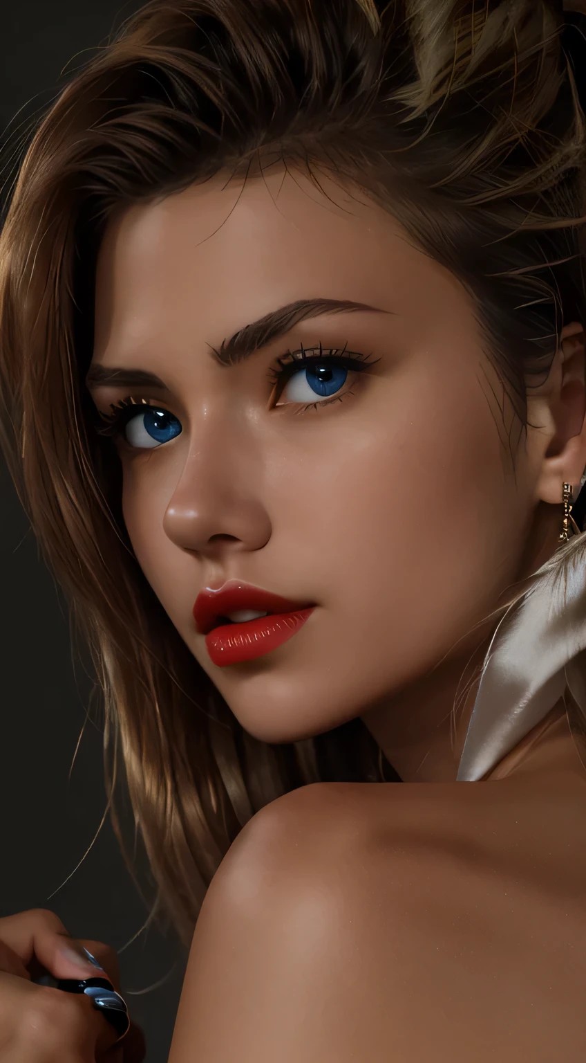 One girl, colorful, Cowboy Shot, (Detailed skin:1.3, Detailed face:1.3, Short black hair:1, big black eyes:1.2, Bright red lips:1.2), Realistic, View Viewer, Sharp focus, delicate, Soft colors, Cinema Lighting, MyNataLee Women, Bright light:1.3, highlight:1.3, High brightness, Beautiful scene, Beautiful Skin, (Upper body portrait)、masterpiece, 最high quality, high quality, High resolution,