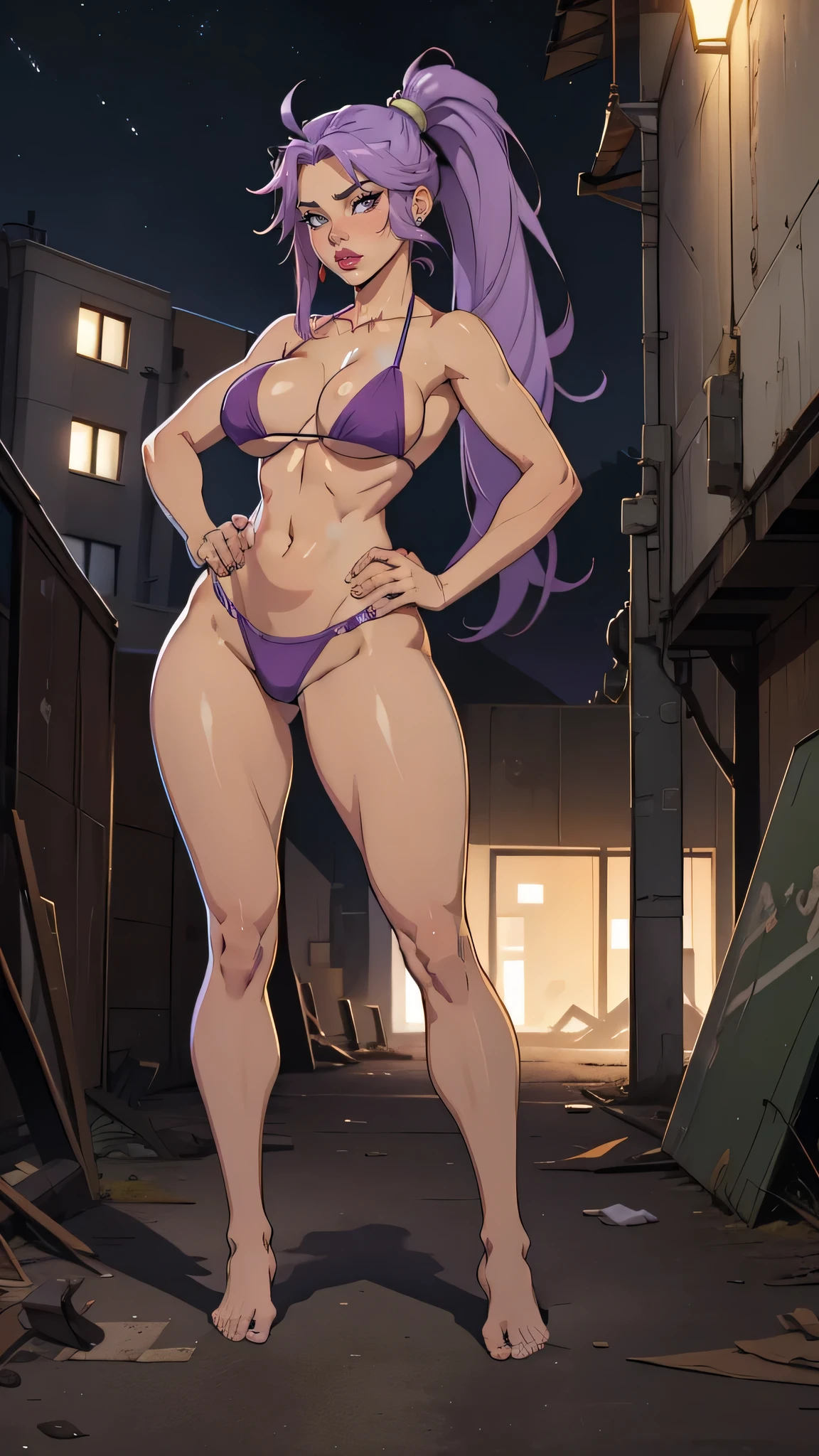 Masterpiece, best quality, Masterpiece, best quality, 1 woman, Tie your hair into a long purple ponytail. , The eyes are green. , Cold face. , purple bikini , big breasts , abdomen , Long legs , Put your hands on your hips... , Barefoot , full body , abandoned factory , at night