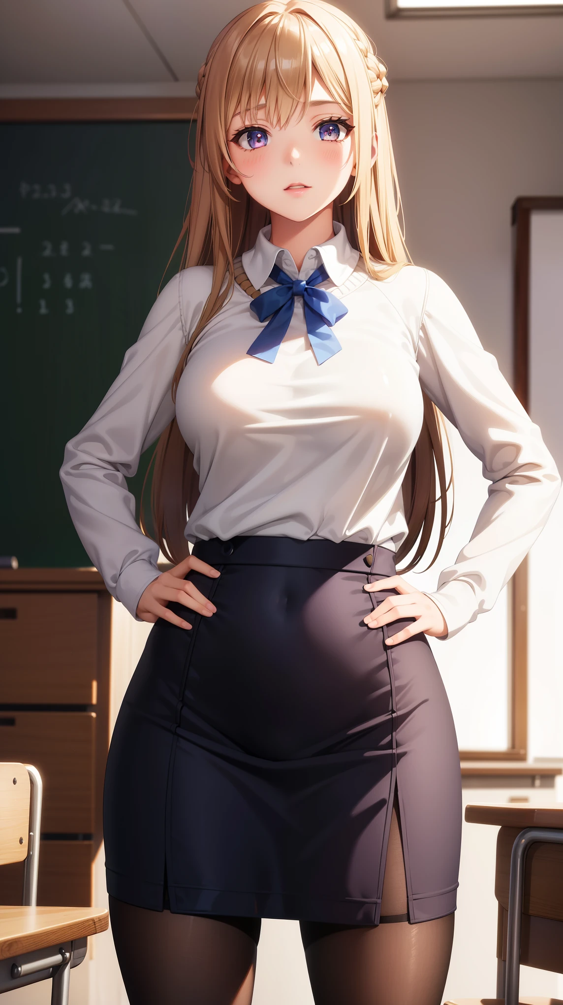 1girl, natural lighting, masterpiece, highly detailed, illustration, game CG, absurdres, high quality, beautiful detailed eyes, glossy lips, natural lighting, medium breasts, klaudia valentz, knit sweater, pencil skirt, pantyhose, hands on hips, school, classroom