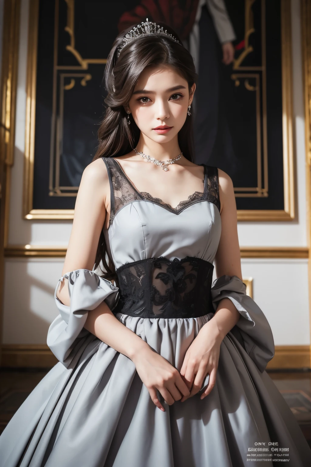 1 woman, Princess Dress, Gray dress with small black details, in the palace, magazine pose,