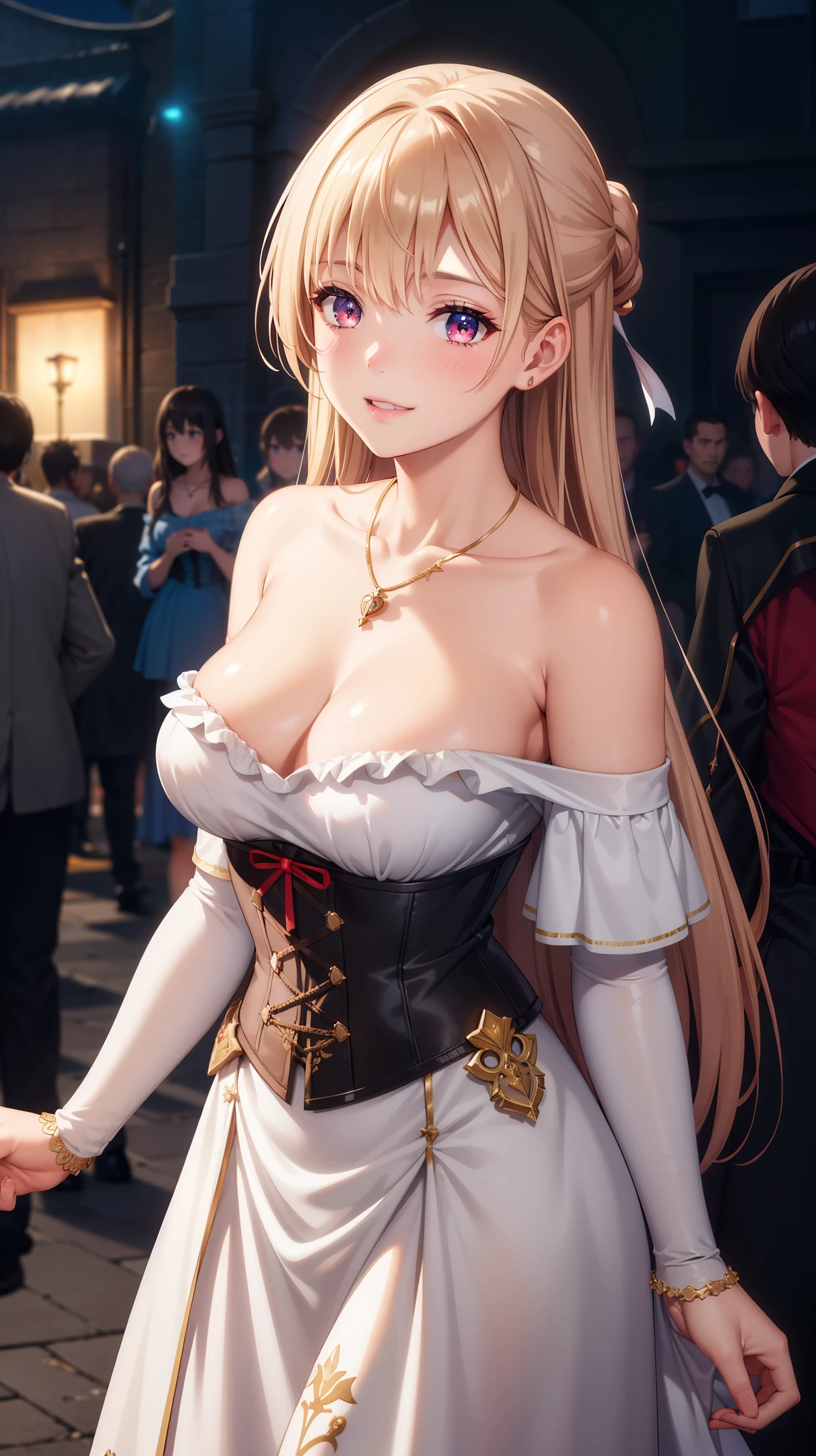 1girl, natural lighting, masterpiece, highly detailed, illustration, game CG, absurdres, high quality, beautiful detailed eyes, glossy lips, natural lighting, medium breasts, klaudia valentz, collarbone, jewelry, necklace, blush, embroidered corset dress, off the shoulder, light smile, night, neon lights, red carpet, crowd