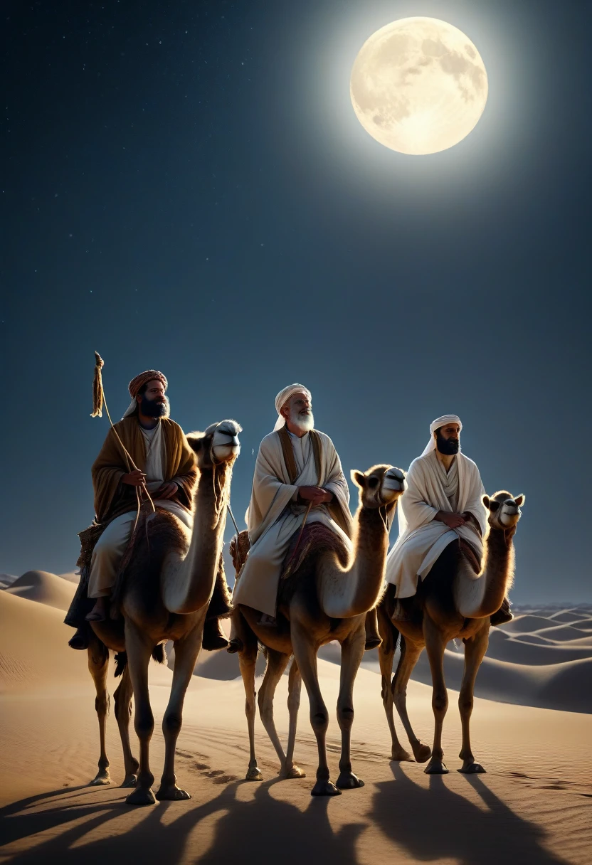 hyper realistic image, biblical, masterpiece, the three (((3))) wise men, riding on their camels, at night, following the ((star of bethlehem)) through the desert, (((at night))), taking gifts, to meet the baby jesus, delicate detailing, highly detailed textures, soft-focus effect,soft shadows,minimalist aesthetic,gentle illumination,elegant simplicity,serene composition timeless appeal,visual softness,extremely high quality high detail RAW color photo,professional lighting,sophisticated color grading,sharp focus,soft bokeh,striking contrast,dramatic flair,depth of field,seamless blend of colors,cinematic still 35mm,CineStill 50D,800T,natural lighting,shallow depth of field,crisp details,hbo netflix film color LUT,32K,UHD,HDR,film light,panoramic shot,breathtaking,hyper-realistic,ultra-realism,high-speed photography,perfect contrast,award-winning phography,directed by lars von trie