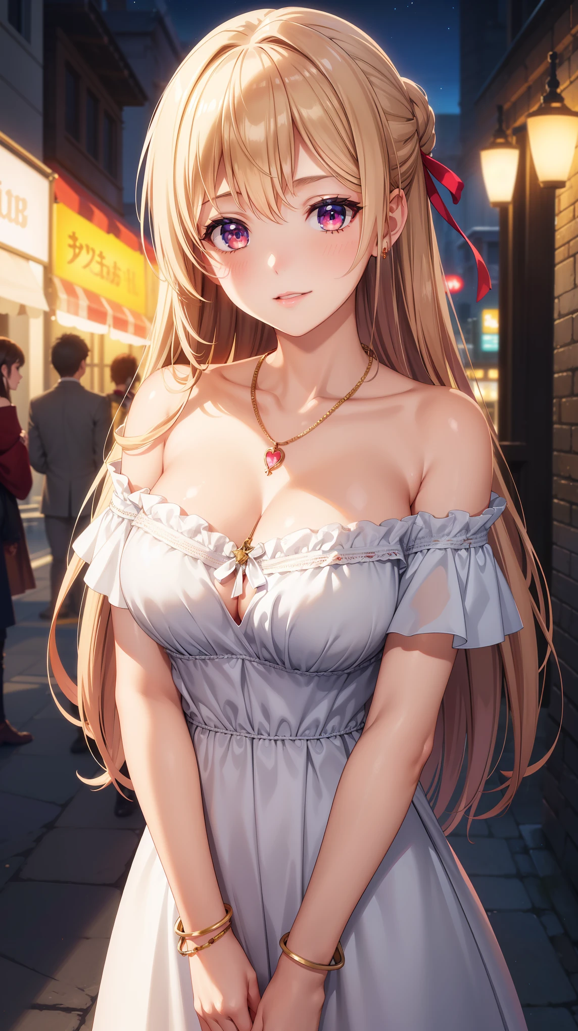 1girl, natural lighting, masterpiece, highly detailed, illustration, game CG, absurdres, high quality, beautiful detailed eyes, glossy lips, natural lighting, medium breasts, klaudia valentz, collarbone, jewelry, necklace, blush, embroidered dress, off the shoulder, light smile, night, neon lights, red carpet, crowd