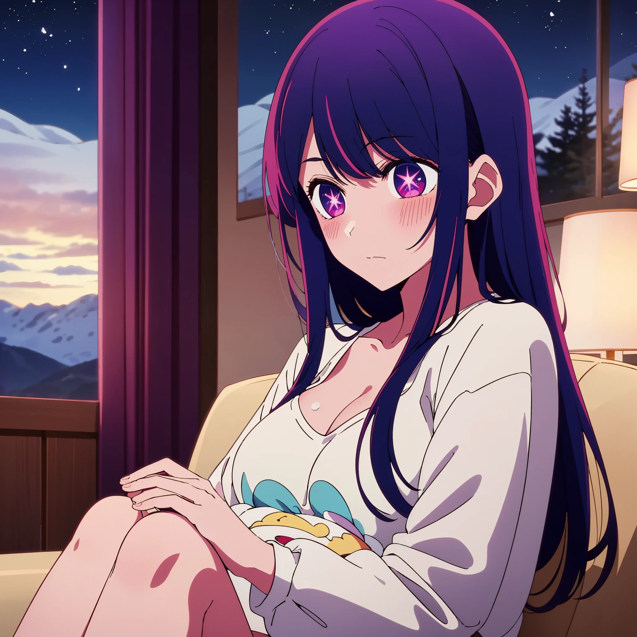 best quality,highly detailed,score_9, score_8_up, 4k, 1girl, solo, on bed, dark, night, wall window behind, looking at viewer, bunnypajama set, pink bunny onesie, cleavage, black painted bedroom, dim lights, black walls, black bed, rain on windows, mountain scenery, dark mountains, starry skies,