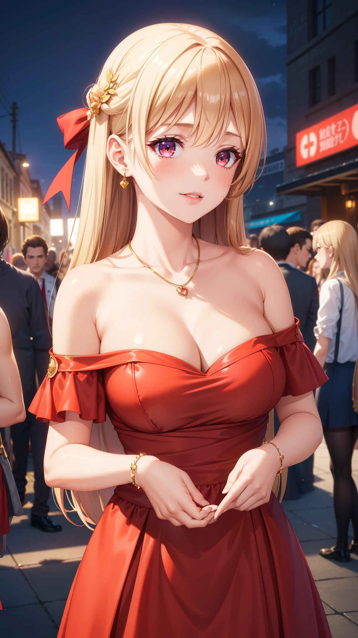 1girl, natural lighting, masterpiece, highly detailed, illustration, game CG, absurdres, high quality, beautiful detailed eyes, glossy lips, natural lighting, medium breasts, klaudia valentz, collarbone, jewelry, necklace, blush, red dress, off the shoulder, light smile, night, neon lights, red carpet, crowd