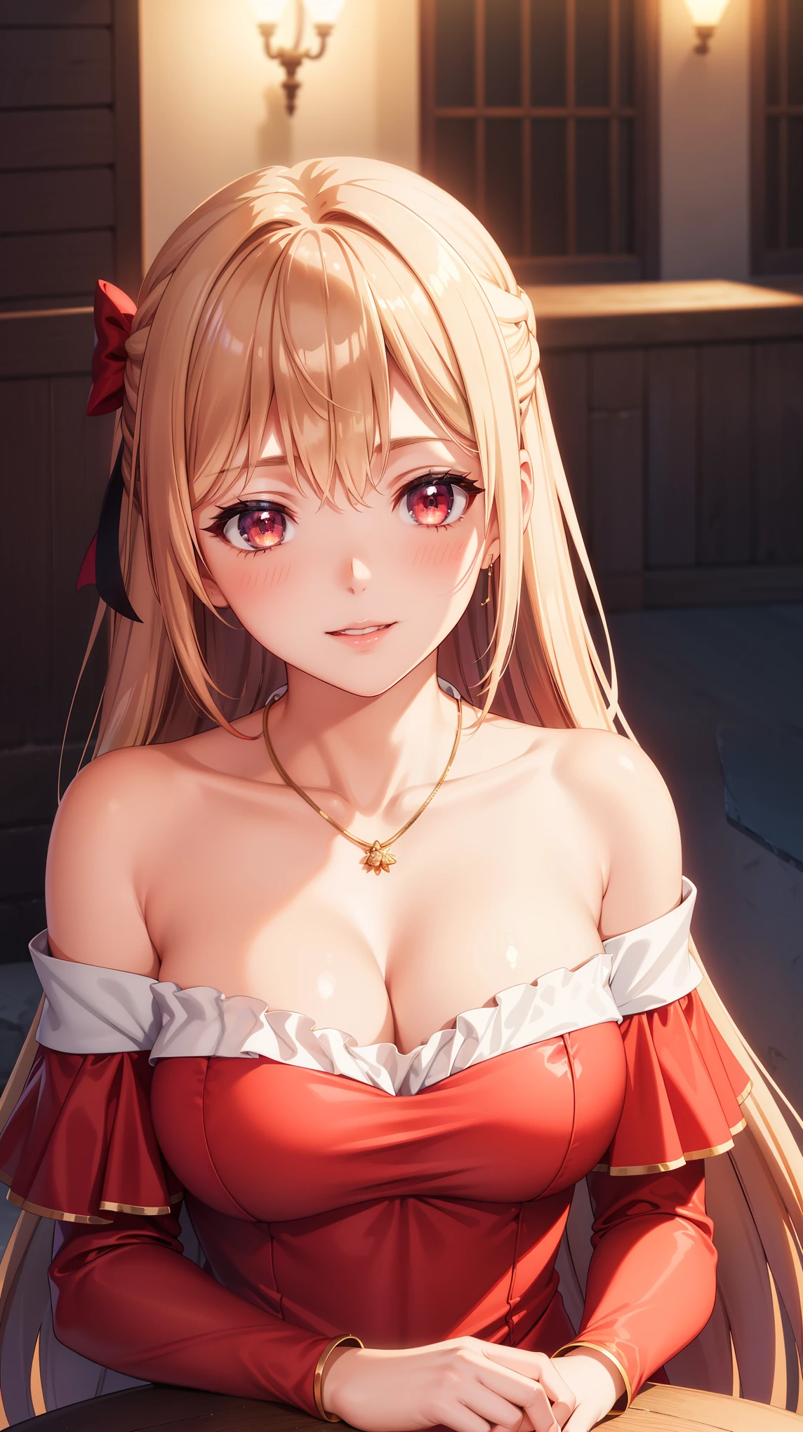 1girl, natural lighting, masterpiece, highly detailed, illustration, game CG, absurdres, high quality, beautiful detailed eyes, glossy lips, natural lighting, medium breasts, klaudia valentz, collarbone, jewelry, necklace, blush, red dress, off the shoulder, light smile, night, neon lights, red carpet, crowd