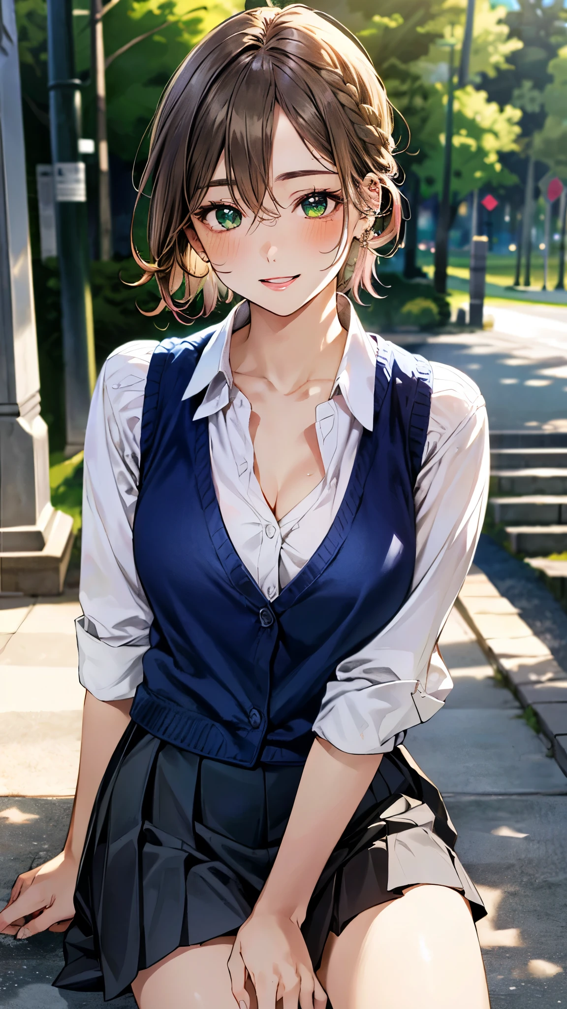 (masterpiece:1.3, top-quality, ultra high res, ultra detailed), (realistic, photorealistic:1.4), beautiful illustration, perfect lighting, natural lighting, colorful, depth of fields, ,
beautiful detailed hair, beautiful detailed face, beautiful detailed eyes, beautiful clavicle, beautiful body, beautiful chest, beautiful thigh, beautiful legs, beautiful fingers, shiny skin, babyface,
looking at viewer, (face focus), 1 girl, japanese, high school girl, (perfect anatomy, anatomically correct, super detailed skin), cute and symmetrical face, perfect face, perfect eyes,
(short hair, straight hair, sideburns, light brown hair), braided bangs, hair between eyes, emerald green eyes, long eyelashes, (medium breasts, seductive thighs), slender, outstanding style, ,
(detailed cloth texture), break, ((pink knit vest)), break, (white collared shirt, navy pleated skirt), break,
(beautiful scenery), summer, evening, (outside masion), (lovely smile, parted lips),