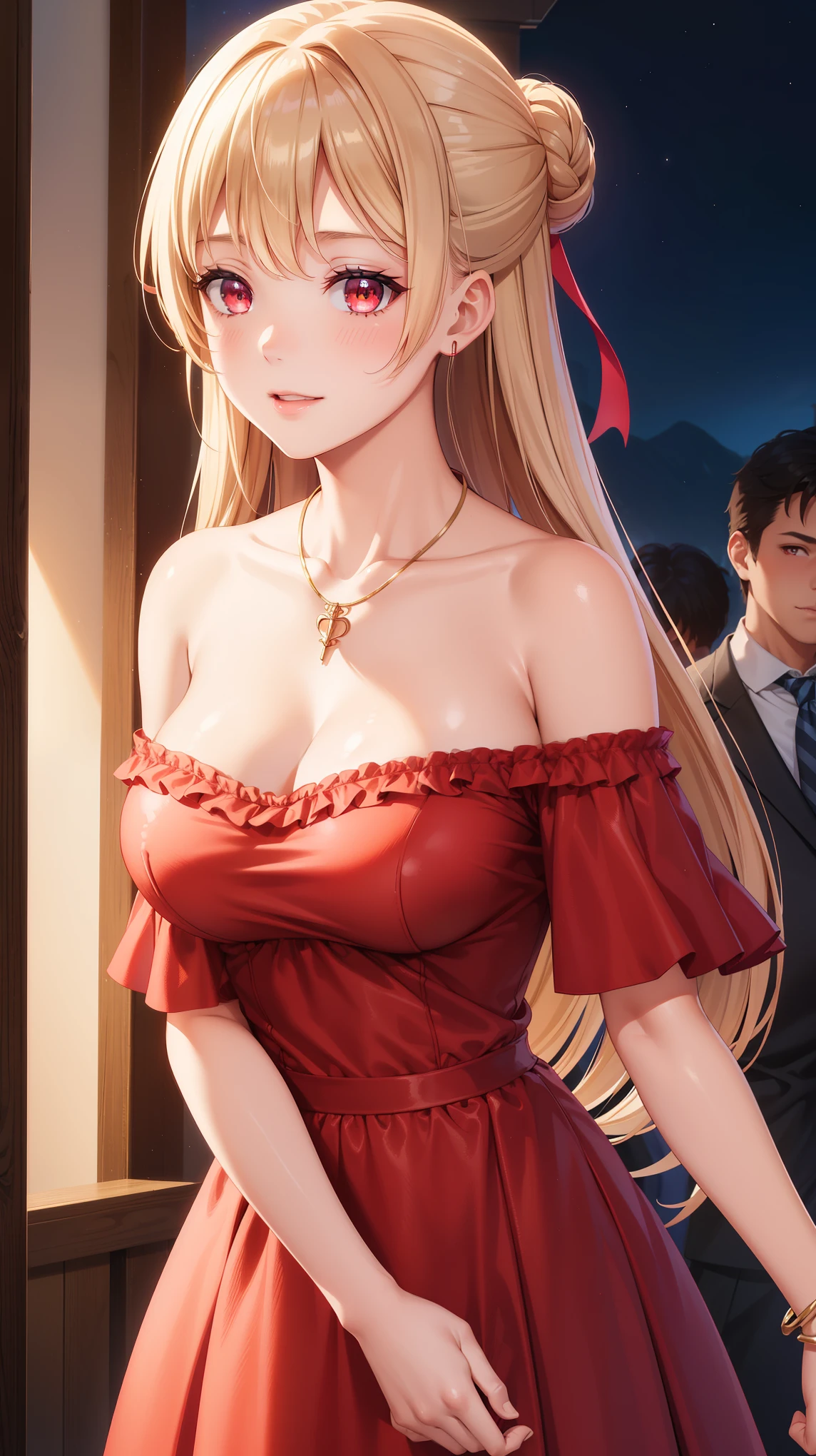 1girl, natural lighting, masterpiece, highly detailed, illustration, game CG, absurdres, high quality, beautiful detailed eyes, glossy lips, natural lighting, medium breasts, klaudia valentz, collarbone, jewelry, necklace, blush, red dress, off the shoulder, light smile, night, neon lights, red carpet, crowd