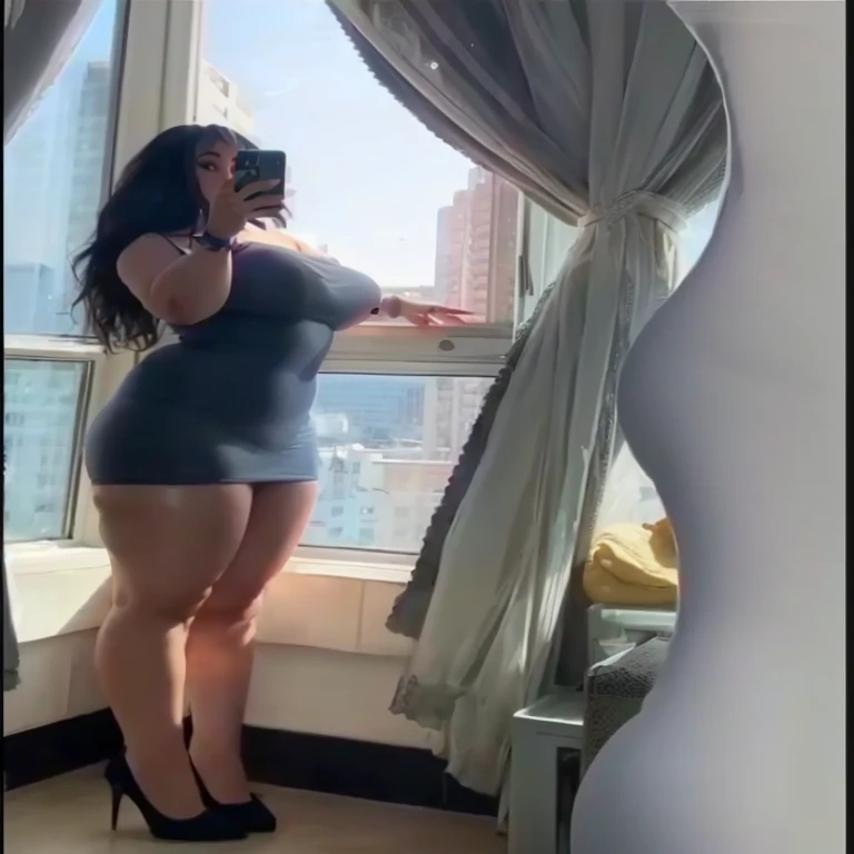 araffe woman in a short dress taking a selfie in front of a window, tight dress, sexy dress, skintight dress, tight outfit, very sexy outfit, sexy pose, sexy body, thicc, next to a big window, in a dress, massive legs towering over you, sexy look, sexy hot body, tight attire, posing in a bedroom.ultra HD.high resolusi