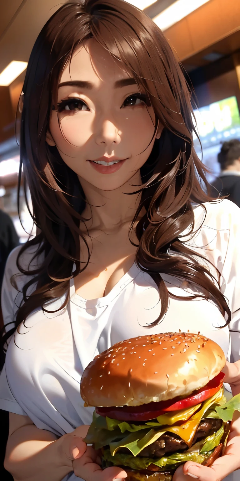 Absurd resolution, A high resolution, (masterpiece:1.4), ((gigantic braests:1.6)), ultra - detailed, 1girll, brown color eyes, cabelos preto e longos，Wear a  over size White T-shirt, (((hold a hamburger in front of face))), in MacDonald shop,sexyposture,