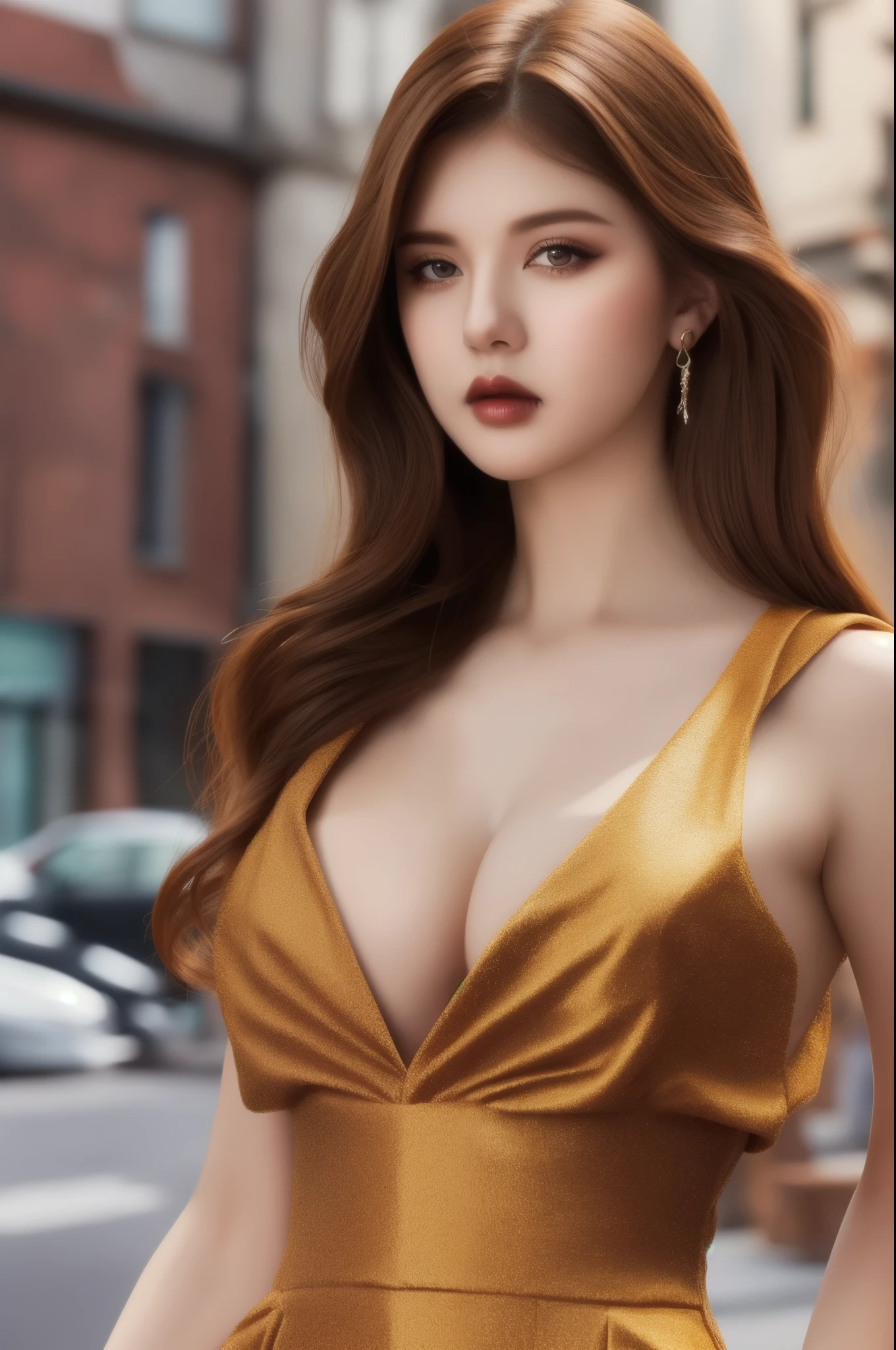 beautiful girl, (street style wear:1.2), (city background:1.2), dark makeup, digital art, trending on artstation, aesthetic, (hyperrealistic), (illustration), (high resolution), (8K), (extremely detailed), (best illustration), (beautiful detailed eyes), (best quality), (ultra-detailed), (masterpiece), (wallpaper), (photorealistic), (natural light), (rim lighting), (detailed face), (high detailed realistic skin texture), (anatomically correct), (solo), (1 girl), (high detailed realistic hair), (caramel hair:1.35), (heterochromic eyes), (detailed eyes), (light-brown eyes:1.37), (sparkling eyes), (realistic big breasts:1.5), (long legs), (slender abs), (dynamic pose), (closed tiny mouth:1.3), (concentrated expression), (topless), (exposed breasts cleavage:1.35), (jumpsuit:1.36)