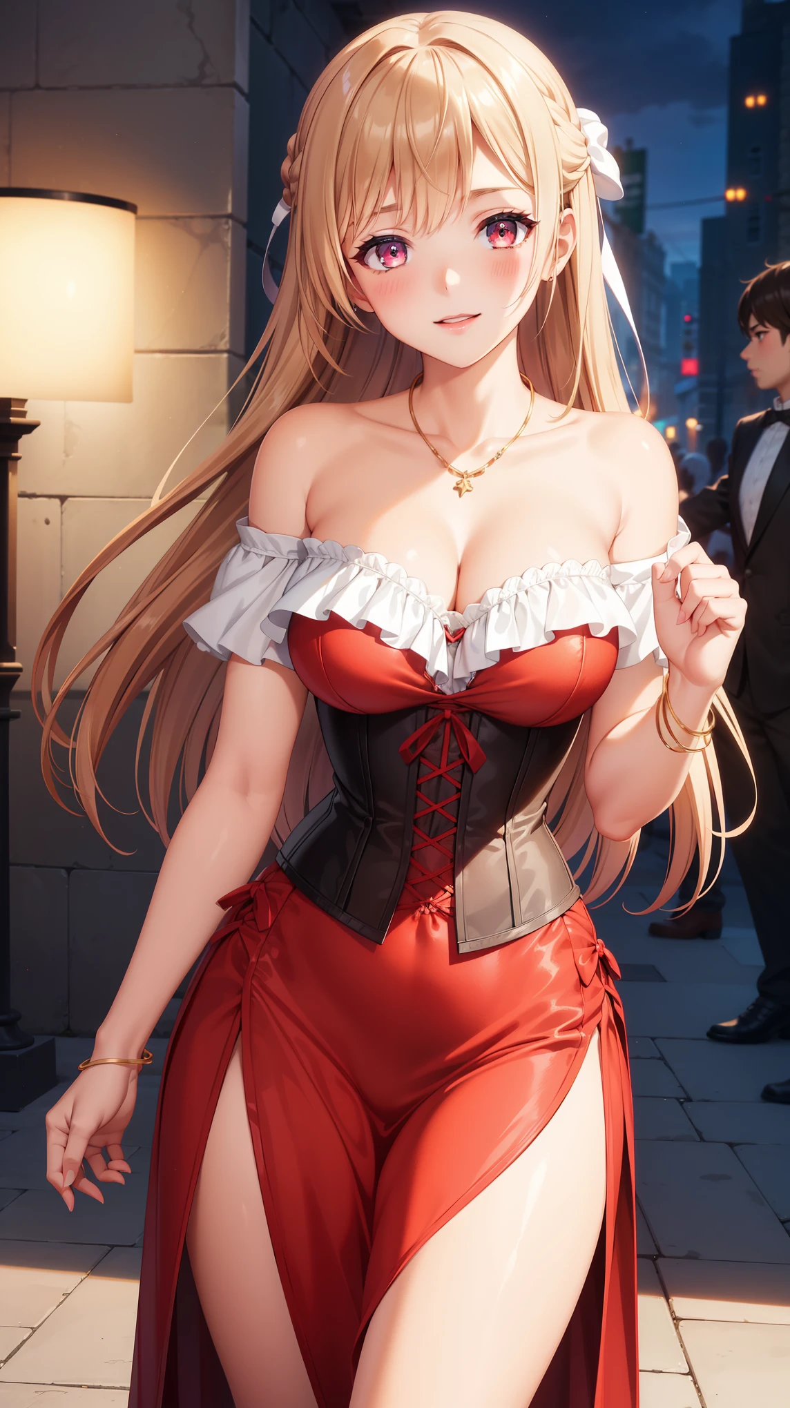 1girl, natural lighting, masterpiece, highly detailed, illustration, game CG, absurdres, high quality, beautiful detailed eyes, glossy lips, natural lighting, medium breasts, klaudia valentz, collarbone, cleavage, corset, red dress, light smile, night, neon lights, red carpet, crowd, jewelry, necklace, blush, side slit