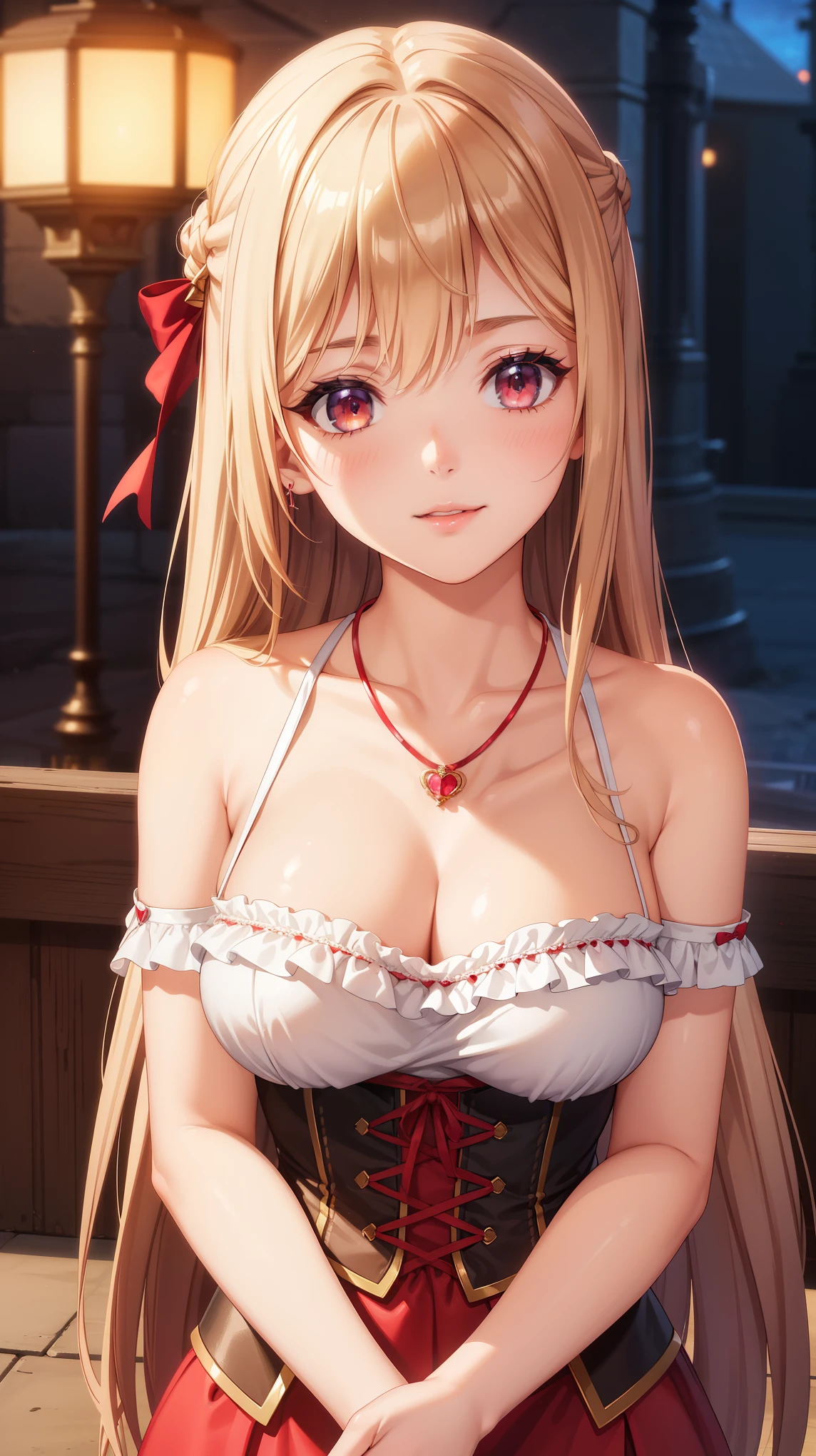 1girl, natural lighting, masterpiece, highly detailed, illustration, game CG, absurdres, high quality, beautiful detailed eyes, glossy lips, natural lighting, medium breasts, klaudia valentz, collarbone, cleavage, corset, red dress, light smile, night, neon lights, red carpet, crowd, jewelry, necklace, blush, side slit