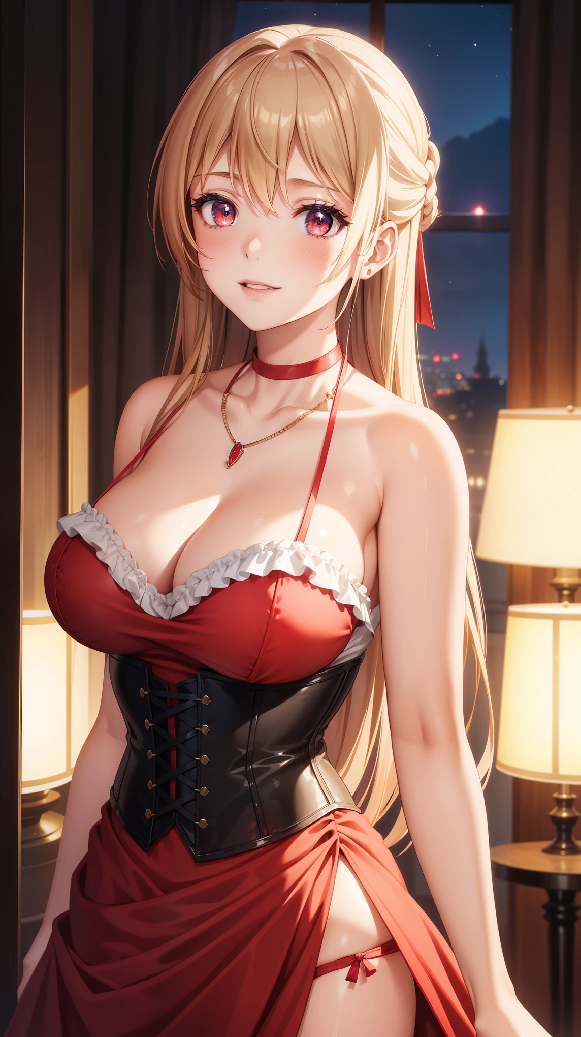 1girl, natural lighting, masterpiece, highly detailed, illustration, game CG, absurdres, high quality, beautiful detailed eyes, glossy lips, natural lighting, medium breasts, klaudia valentz, collarbone, cleavage, corset, red dress, light smile, night, neon lights, red carpet, crowd, jewelry, necklace, blush, side slit