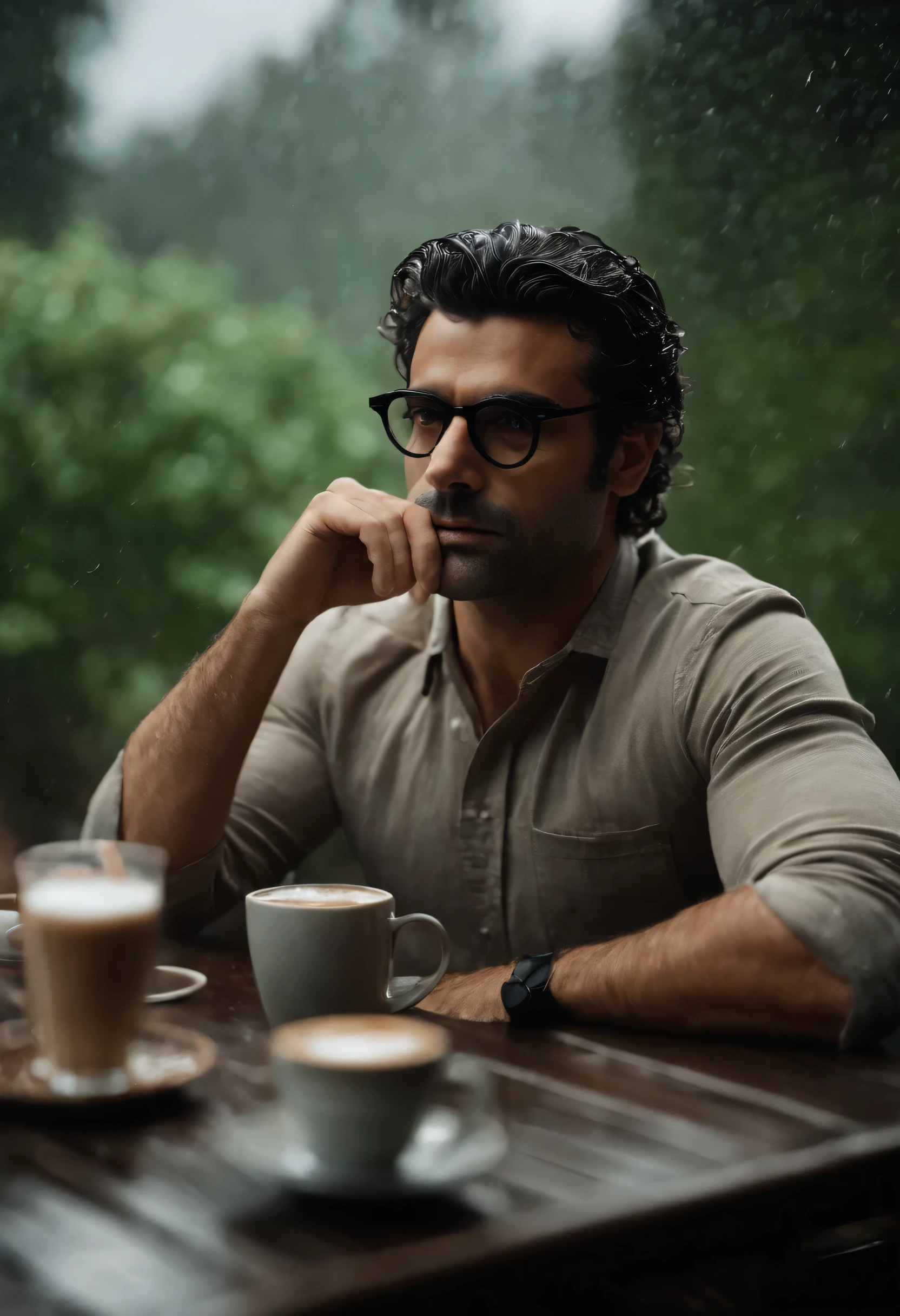 oscar isaac, pepper hair, wire framed glasses, drinking a coffee. Well detailed. Low exposure, close up, rainy.