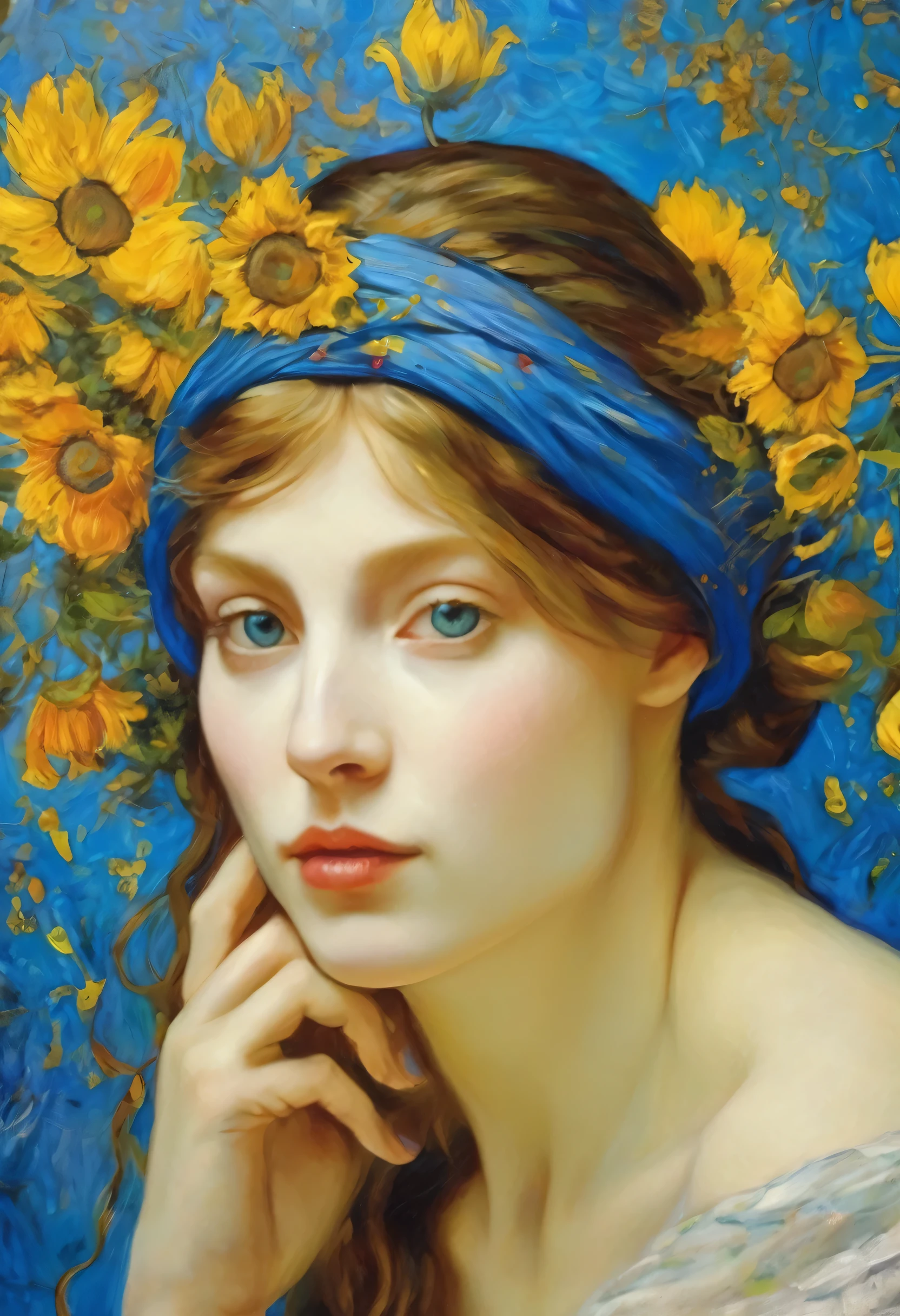 oil inture, deusa venus, 30 anos, of indescribable beauty, maravilhosa, detalhada, perfeita, olhos bonitos, soft expression, transmits force, roupas azul, branco e dourado, obra prima, style monet, van gogh, michelangelo leonardo da vinci, vivid colors