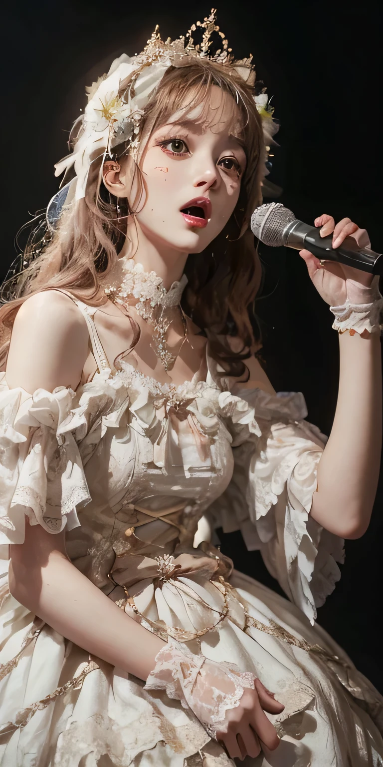 highest quality, 超High resolution, (Realistic:1.4), masterpiece, High resolution, original, Highly detailed wallpaper, 
Singing enthusiastically on stage、Holding a microphone、Viewer's gaze、
One girl, alone, Start \(manaka nemu\), White Dress, 
whole body, hand on another's,