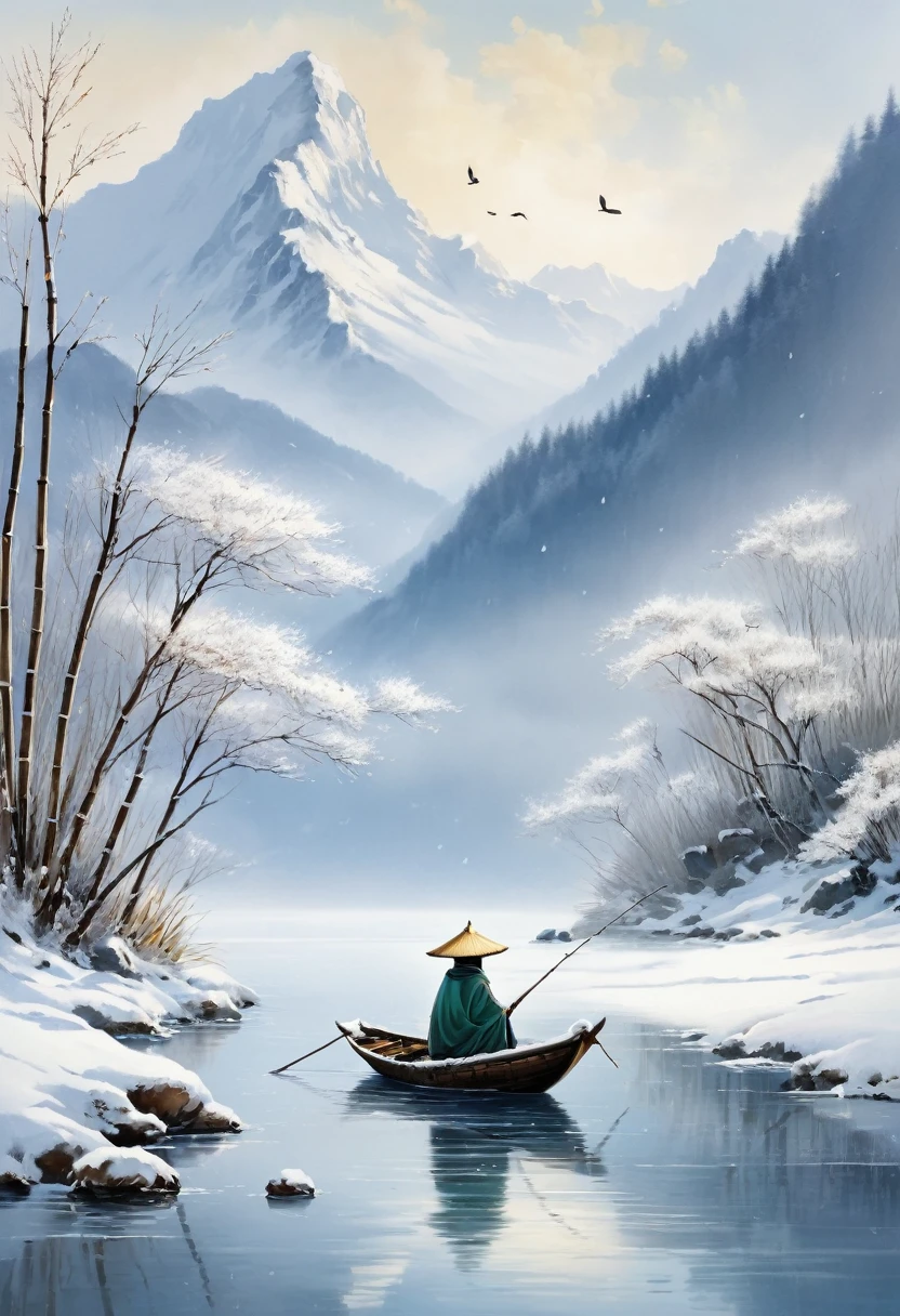 (Watercolor Landscape:1.4), A serene winter landscape with a vast expanse of snow-covered mountains and valleys. The sky is clear, and not a single bird is in sight. All the pathways are covered with snow, showing no signs of human presence. In the middle of a calm, icy river, there is a solitary small boat. An elderly man, dressed in traditional Chinese attire with a bamboo hat and cloak, is sitting in the boat, quietly fishing. The scene is tranquil and cold, with the snow gently falling. The overall mood is peaceful and contemplative, best quality, masterpiece, very aesthetic, perfect composition, intricate details, ultra-detailed