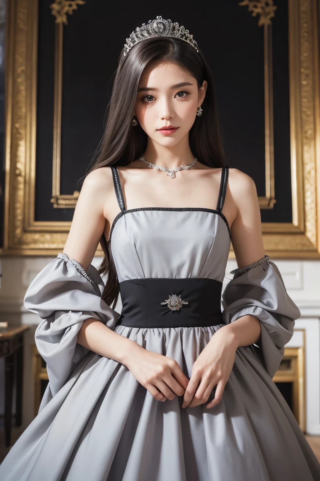  1 woman, Princess Dress, Gray dress with small black details, in the palace, magazine pose, 