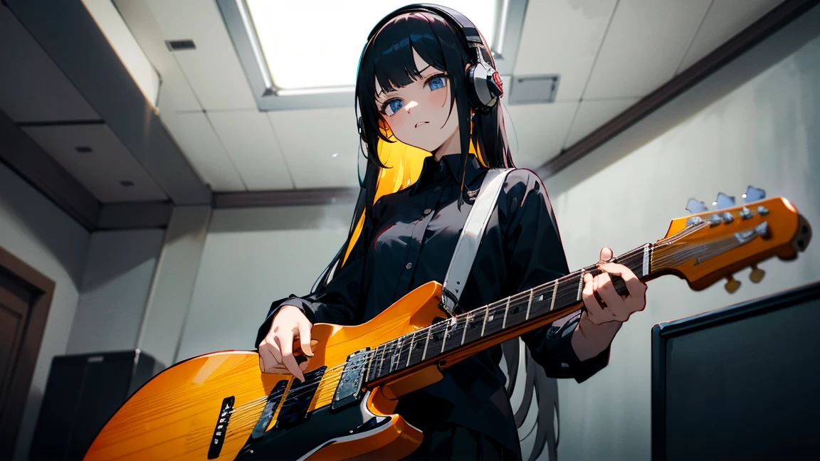 ((masterpiece,best quality)),1girl, solo, black skirt, blue eyes, electric guitar, guitar, headphones, holding, holding plectrum, instrument, long straight hair, , music, one side up, black hair, playing guiter, pleated skirt, black shirt, indoors ,(adult),bangs,cold face,(straight on)
