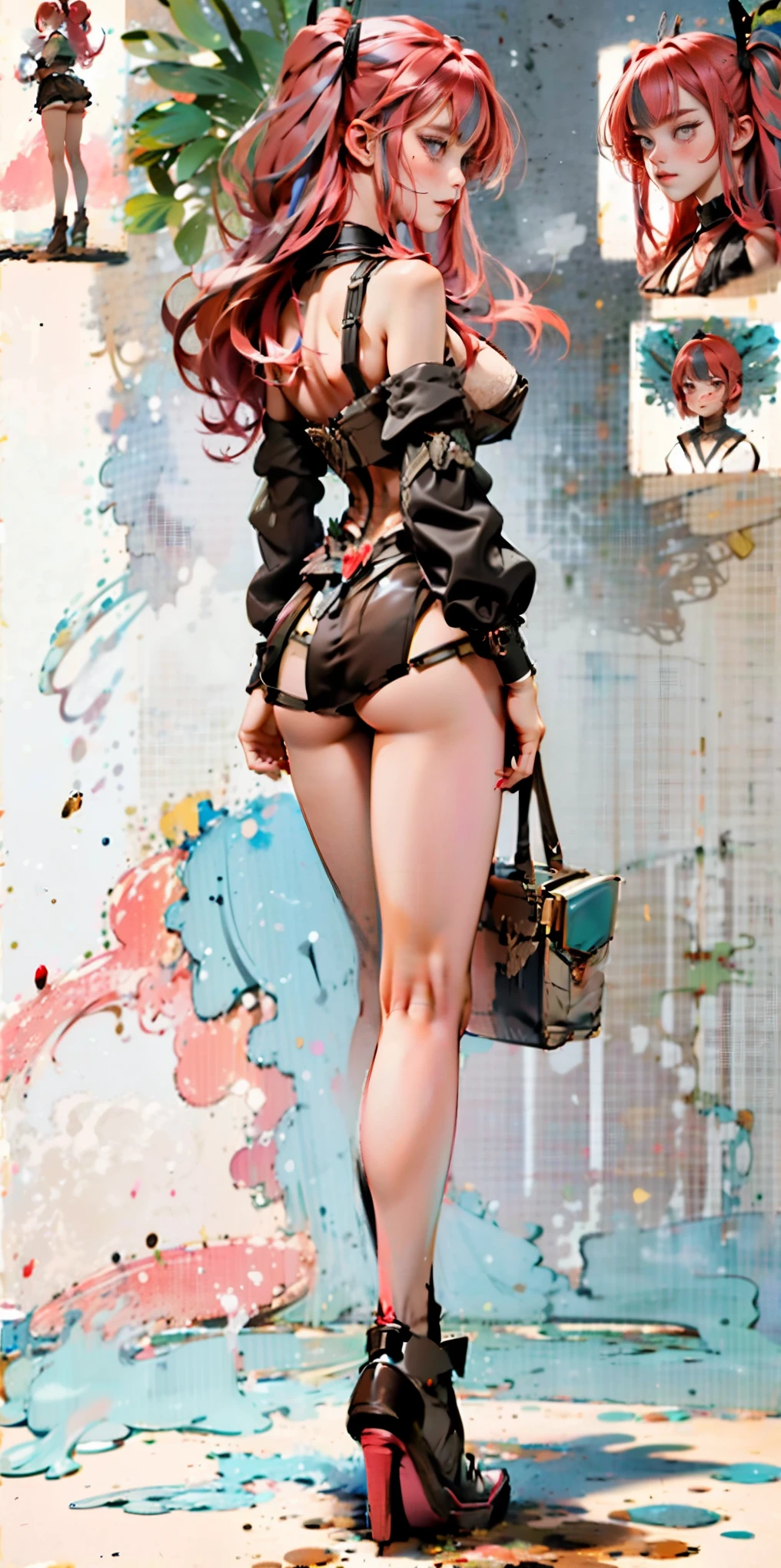 (gray background)(masterpiece) ultra-detailed solo 1girl hands on sides medium breasts, (full body standing)