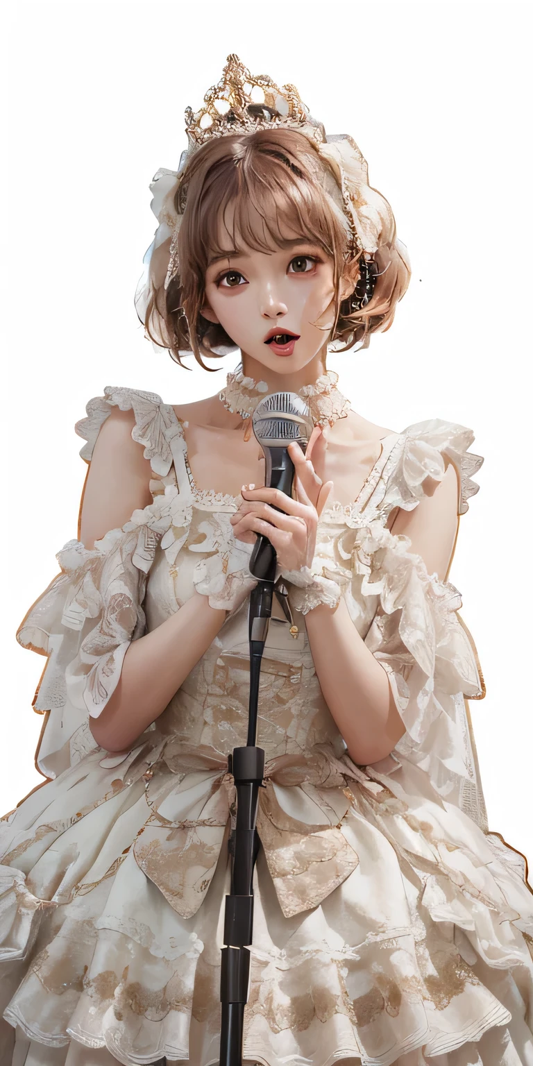 highest quality, 超High resolution, (Realistic:1.4), masterpiece, High resolution, original, Highly detailed wallpaper, 
Singing enthusiastically on stage、Holding a microphone、Viewer's gaze、
One girl, alone, Start \(manaka nemu\), White Dress, 
whole body, hand on another's,