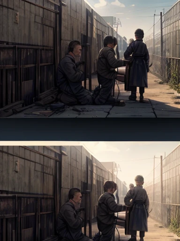 Create an image based on the times of the concentration camps, describe in the image the scene around people and a pulling his mother's arm and the soldiers pulling the child's mother, making it very realistic