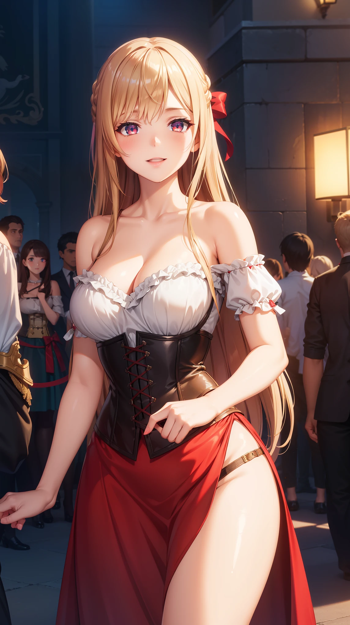1girl, natural lighting, masterpiece, highly detailed, illustration, game CG, absurdres, high quality, beautiful detailed eyes, glossy lips, natural lighting, medium breasts, klaudia valentz, collarbone, cleavage, corset, red dress, light smile, night, neon lights, red carpet, crowd