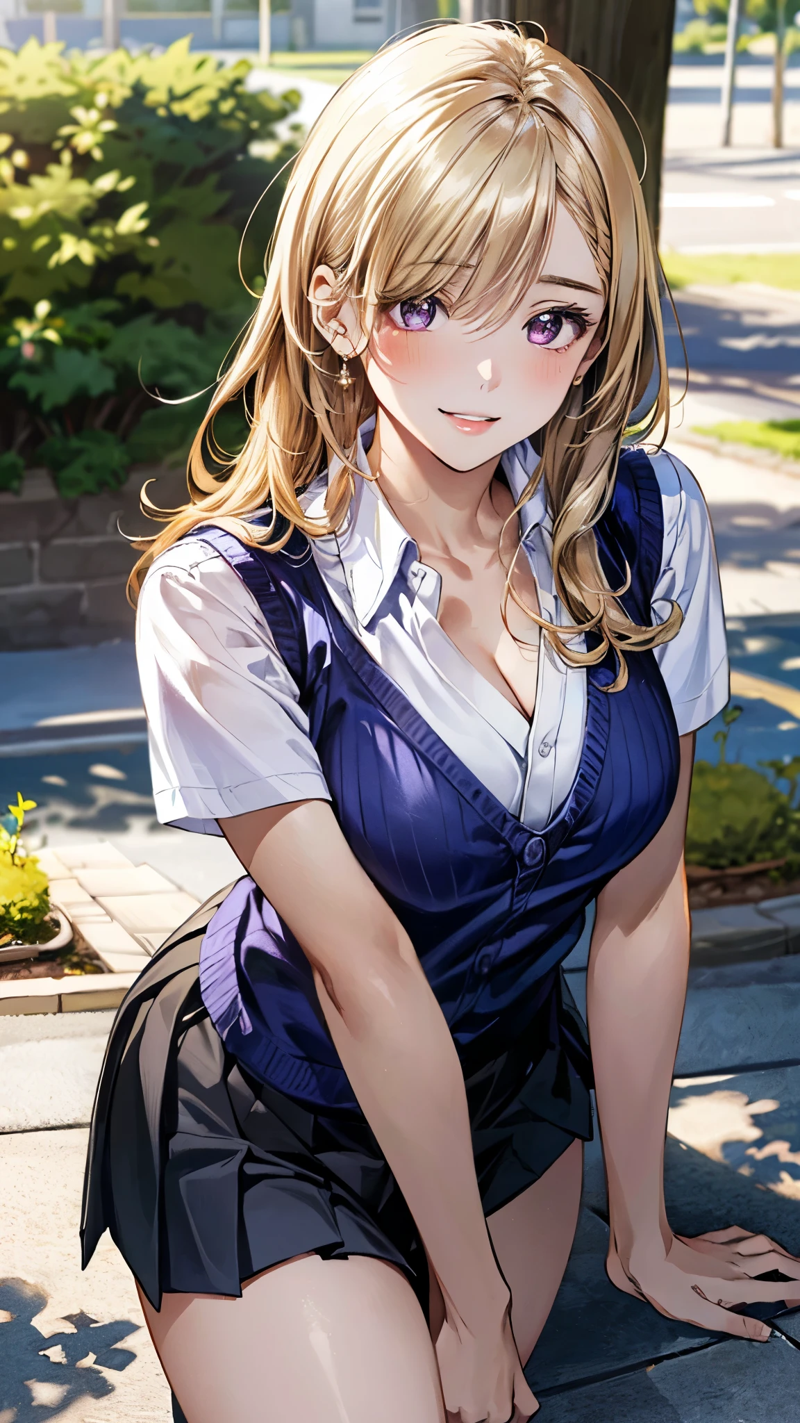 (masterpiece:1.3, top-quality), ultra high res, ultra detailed, (realistic, photorealistic:1.4), beautiful illustration, perfect lighting, colorful, depth of fields,
looking at viewer, 1 girl, solo, high school girl, volleyball player, perfect face, (perfect anatomy, anatomically correct), cute and symmetrical face, babyface, shiny skin, slender,
(middle hair:1.5, twintails:1.2, blonde hair), asymmetrical bangs, purple eyes, long eye lasher, (large breasts:0.5, large ass, seductive thighs, skindentation),
beautiful hair, beautiful face, extremely detailed face, beautiful detailed eyes, beautiful clavicle, beautiful body, beautiful chest, beautiful thigh, beautiful legs, beautiful fingers,
(detailed cloth texture, collared short sleeve shirt, white shirt, school uniform, pink plaid pleated skirt, black tie), white panties, polka dot hair scrunchie,
(beautiful scenery), daytime, outdoors, (walking, sexy pose), (seductive-smile),