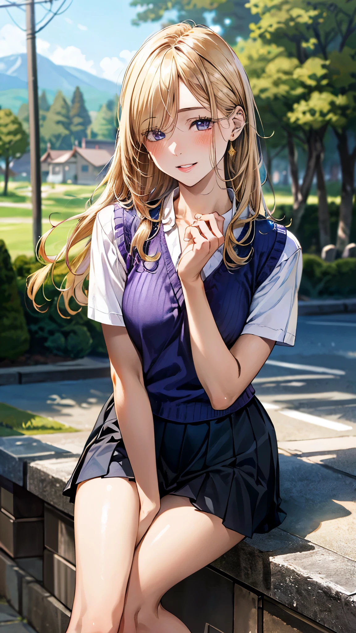 (masterpiece:1.3, top-quality, ultra high res, ultra detailed), (realistic, photorealistic:1.4), beautiful illustration, perfect lighting, natural lighting, colorful, depth of fields, , 
beautiful detailed hair, beautiful detailed face, beautiful detailed eyes, beautiful clavicle, beautiful body, beautiful chest, beautiful thigh, beautiful legs, beautiful fingers, shiny skin, babyface, 
looking at viewer, (face focus), 1 girl, japanese, high school girl, (perfect anatomy, anatomically correct, super detailed skin), cute and symmetrical face, perfect face, perfect eyes, 
(long hair, curvy hair, sideburns, blonde hair), hair over one eye, parted bangs, gold eyes, long eyelashes, (medium breasts, seductive thighs), slender, outstanding style, , 
(detailed cloth texture), break, ((purple knit vest)), break, (white collared shirt, navy pleated skirt), break, 
(beautiful scenery), summer, evening, (outside masion), (lovely smile, parted lips), 