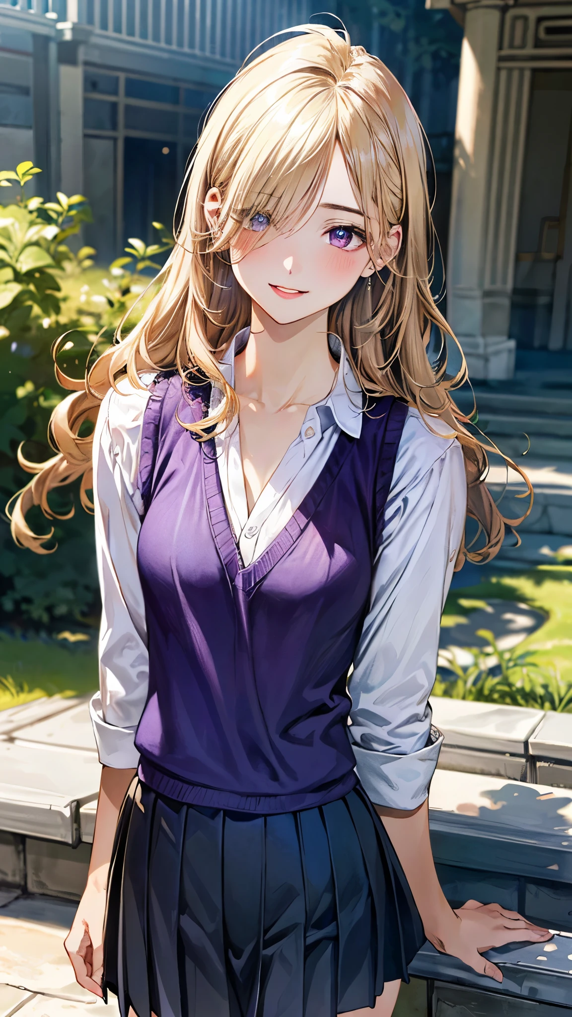 (masterpiece:1.3, top-quality, ultra high res, ultra detailed), (realistic, photorealistic:1.4), beautiful illustration, perfect lighting, natural lighting, colorful, depth of fields, , 
beautiful detailed hair, beautiful detailed face, beautiful detailed eyes, beautiful clavicle, beautiful body, beautiful chest, beautiful thigh, beautiful legs, beautiful fingers, shiny skin, babyface, 
looking at viewer, (face focus), 1 girl, japanese, high school girl, (perfect anatomy, anatomically correct, super detailed skin), cute and symmetrical face, perfect face, perfect eyes, 
(long hair, curvy hair, sideburns, blonde hair), hair over one eye, parted bangs, gold eyes, long eyelashes, (medium breasts, seductive thighs), slender, outstanding style, , 
(detailed cloth texture), break, ((purple knit vest)), break, (white collared shirt, navy pleated skirt), break, 
(beautiful scenery), summer, evening, (outside masion), (lovely smile, parted lips), 
