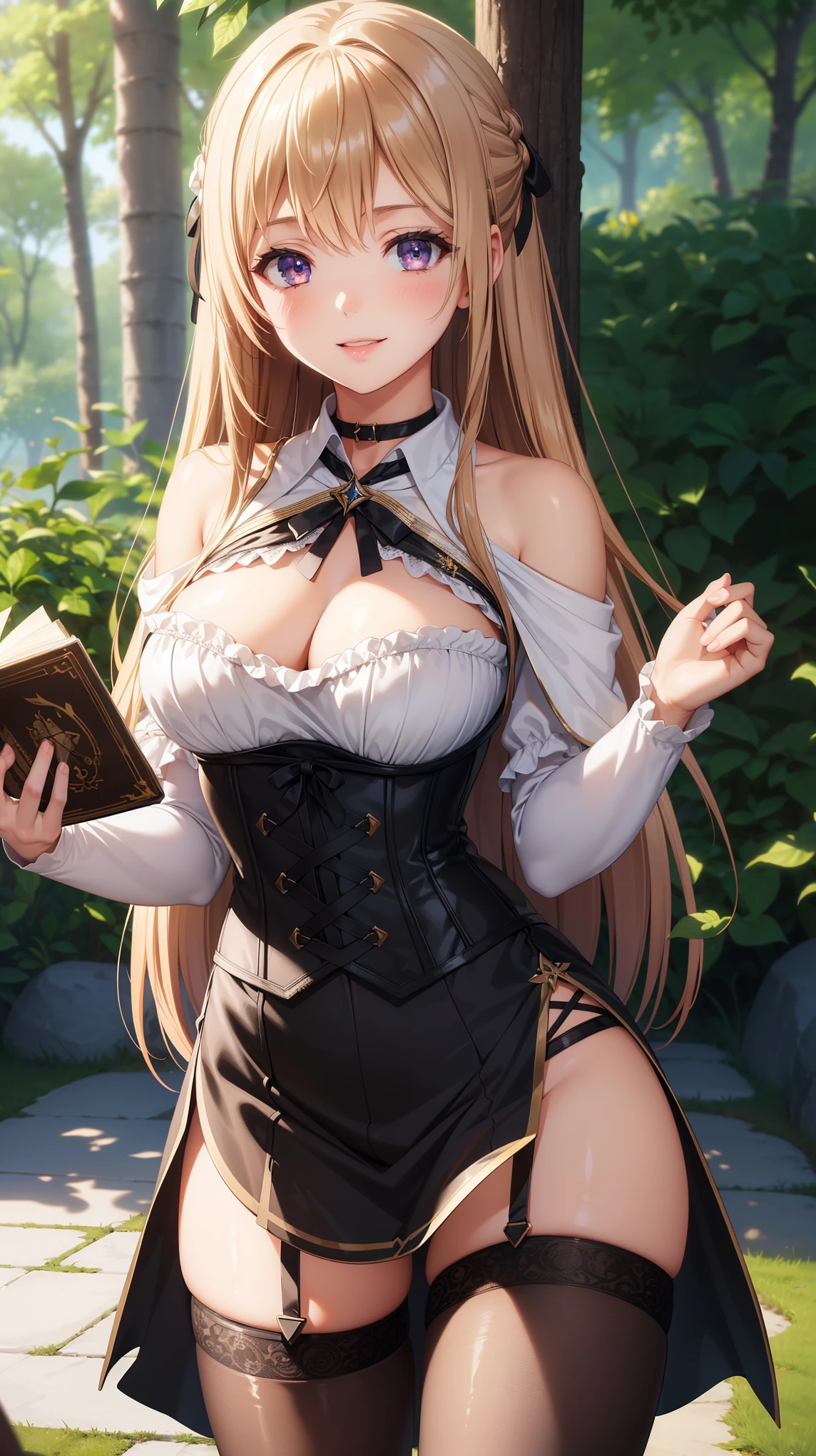 1girl, natural lighting, masterpiece, highly detailed, illustration, game CG, absurdres, high quality, beautiful detailed eyes, glossy lips, natural lighting, medium breasts, klaudia valentz, forest, collarbone, choker, (black corset, witch dress, thigh highs), (holding spell book), light smile