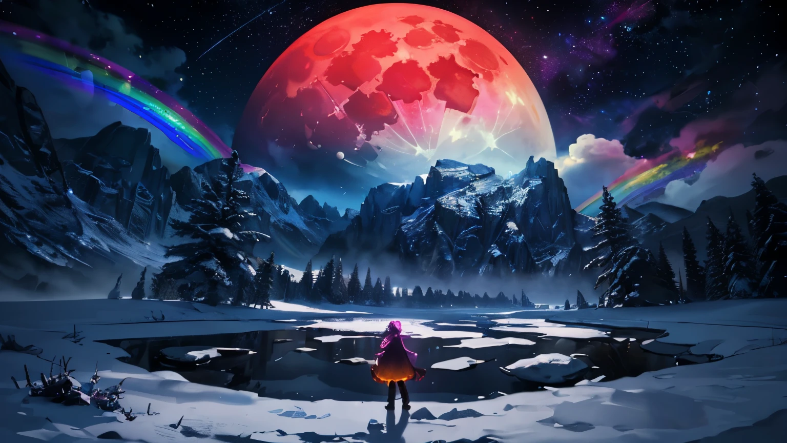 Vast landscape photography, (View from below, There is a sky above、Below is a wide field), (full moon: 1.2), (meteor: 0.9), (nebula: 1.3), Distant Mountain々 , wood々destroys art, (Warm Light: 1.2), (fire Fly: 1.2), Light, Lots of purple and orange, Intricate details, Volumetric lighting, Realism Break (masterpiece: 1.2), (highest quality), 4K, Super detailed, (Dynamic configuration: 1.4), Very detailed, Colorful details, (Rainbow-colored: 1.2), (Glow Lighting, Atmospheric lighting), dream-like, Magic, (alone: 1.2)