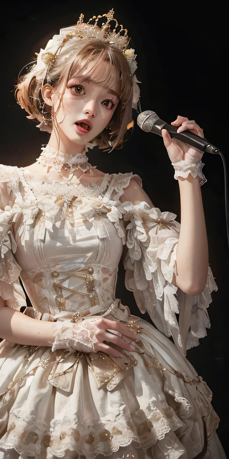 highest quality, 超High resolution, (Realistic:1.4), masterpiece, High resolution, original, Highly detailed wallpaper, 
Singing enthusiastically on stage、Holding a microphone、Viewer's gaze、
One girl, alone, Start \(manaka nemu\), White Dress, 
whole body, hand on another's,